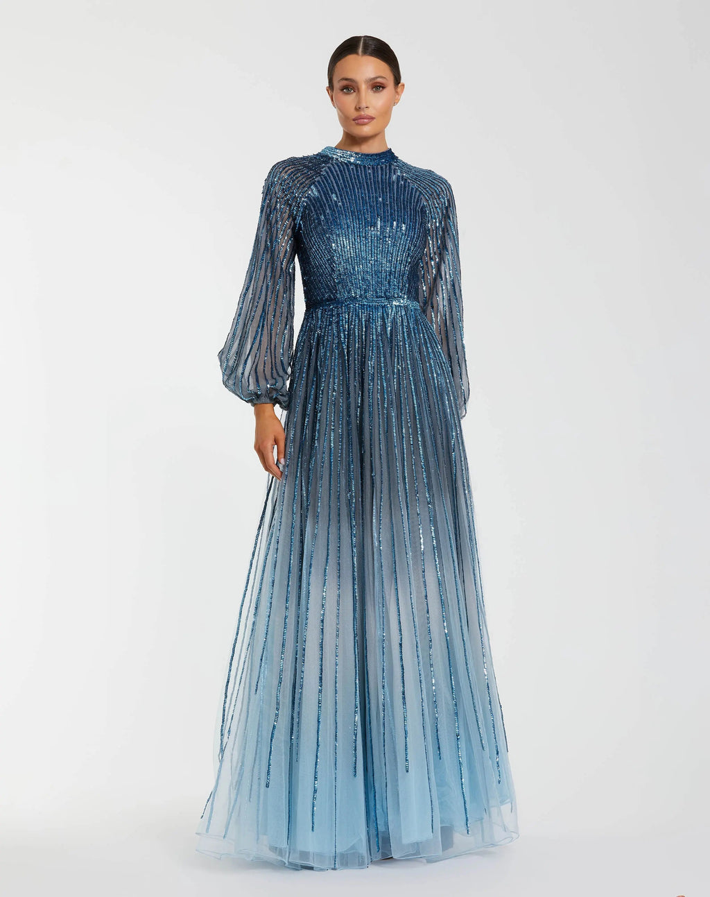 Blue Ombré Sequin Long Sleeve A-Line Evening Dress
