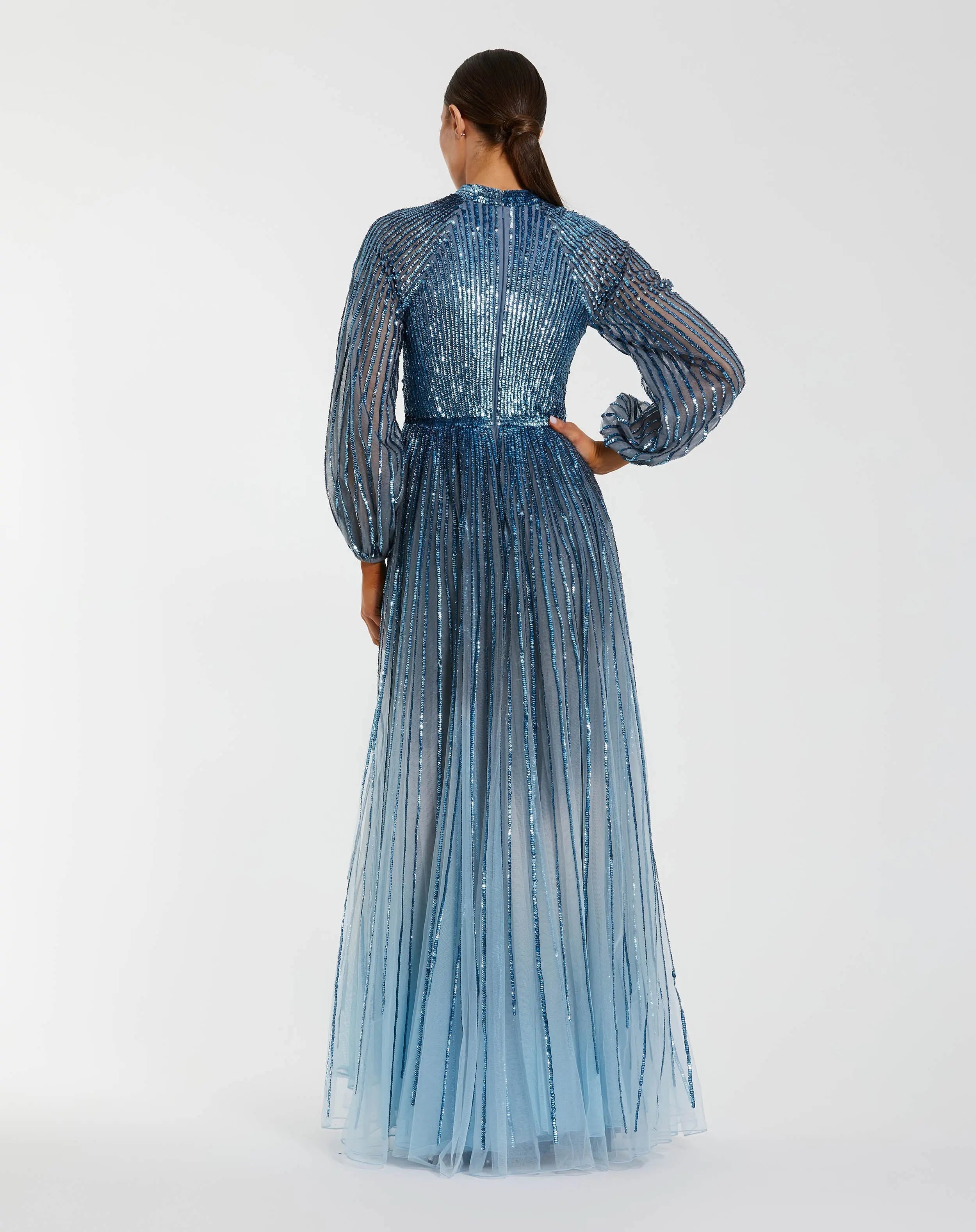 Blue Ombré Sequin Long Sleeve A-Line Evening Dress