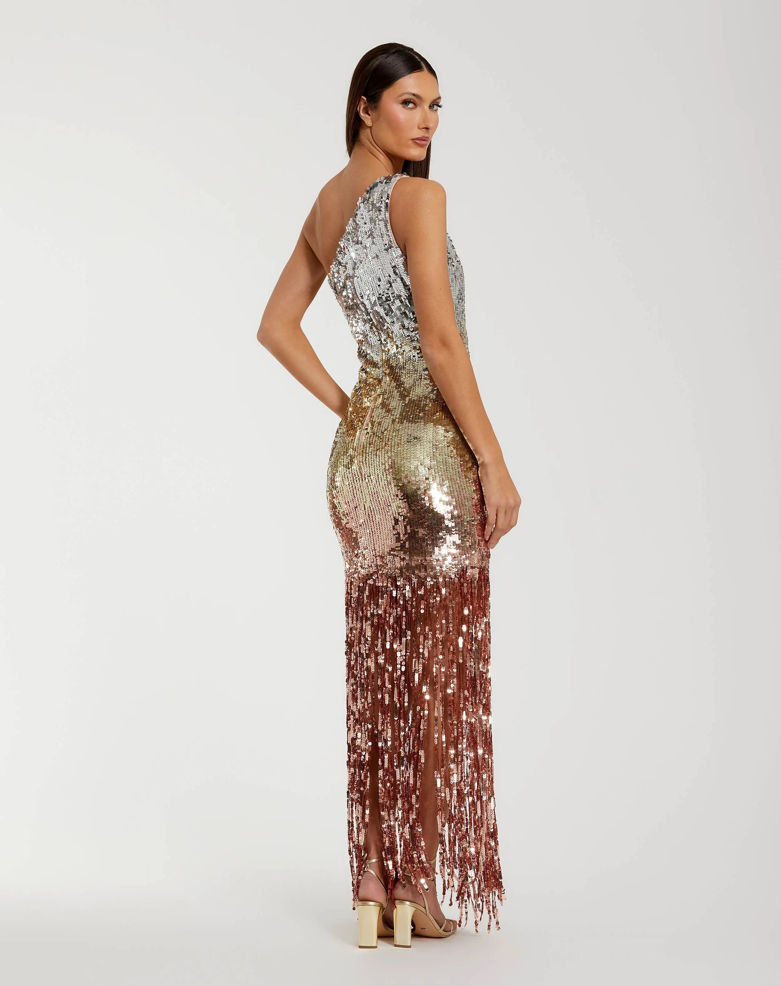 Multicolor Ombre Sequin One Shoulder Fringe Dress