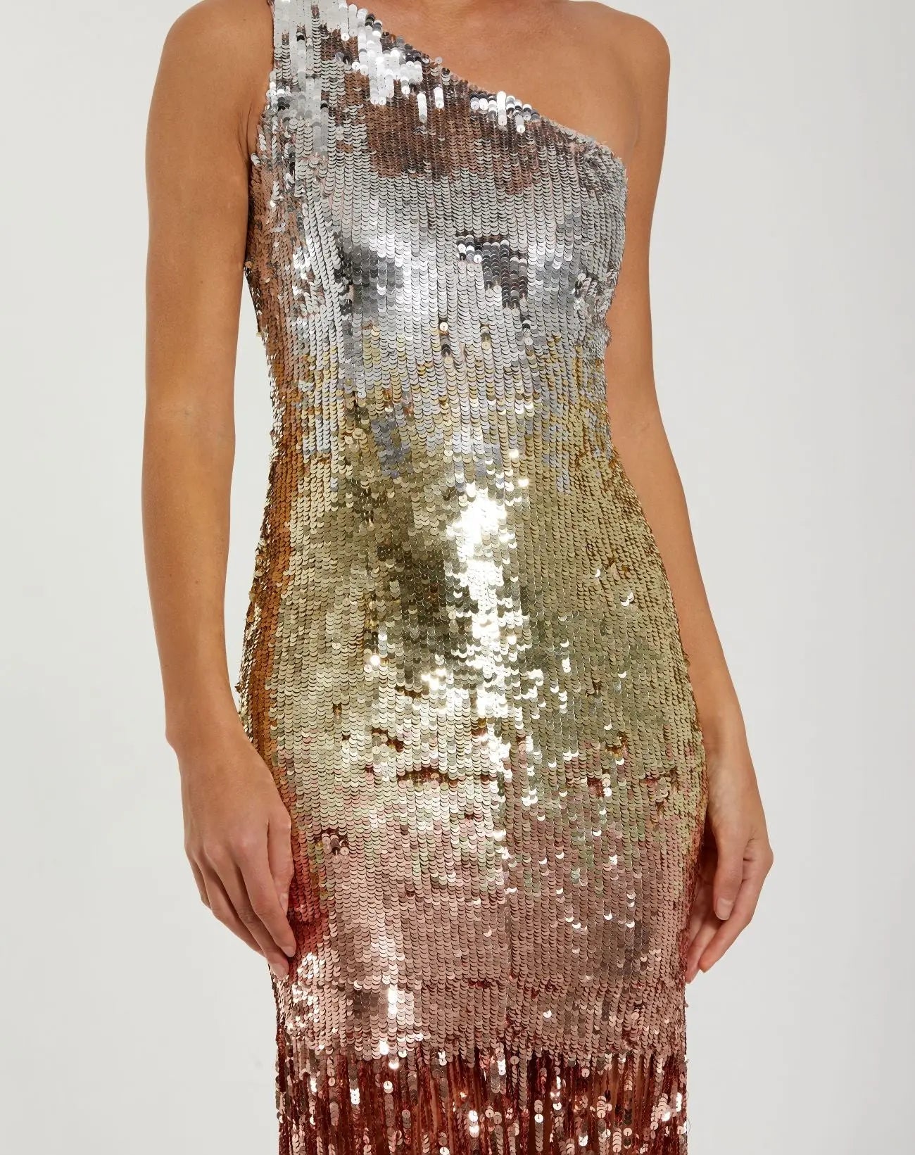 Multicolor Ombre Sequin One Shoulder Fringe Dress