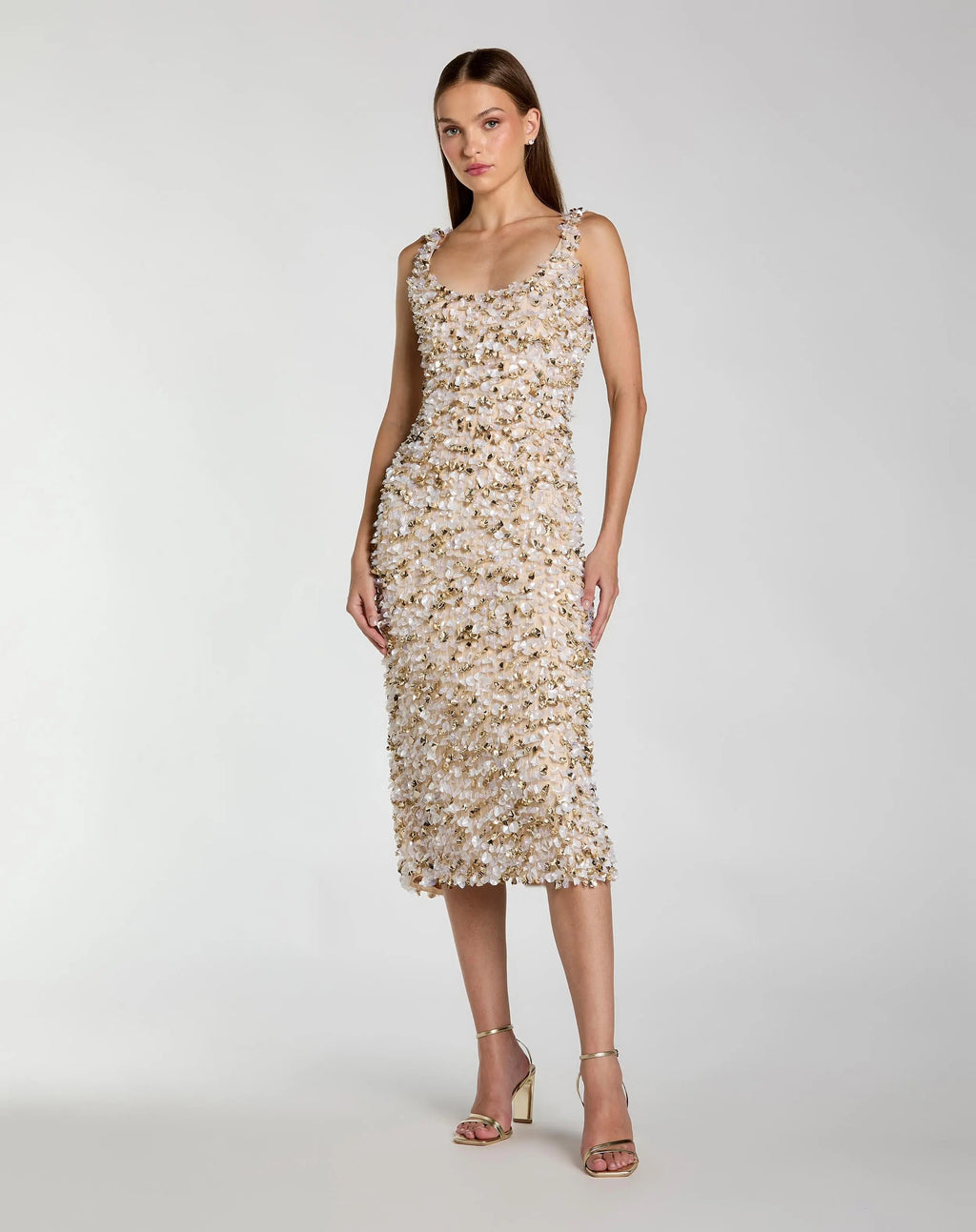 Beige Sleeveless Paillette Embellished Fitted Midi Dress