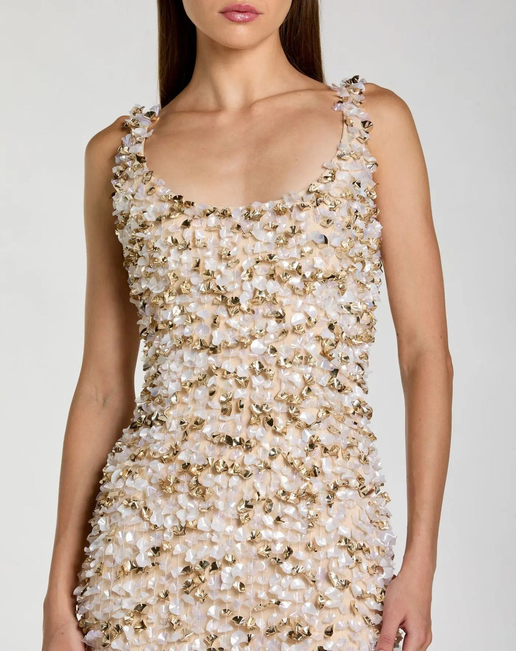 Beige Sleeveless Paillette Embellished Fitted Midi Dress