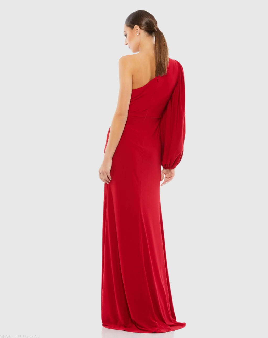 Red One Shoulder Puff Sleeve Faux Wrap Gown - FINAL SALE