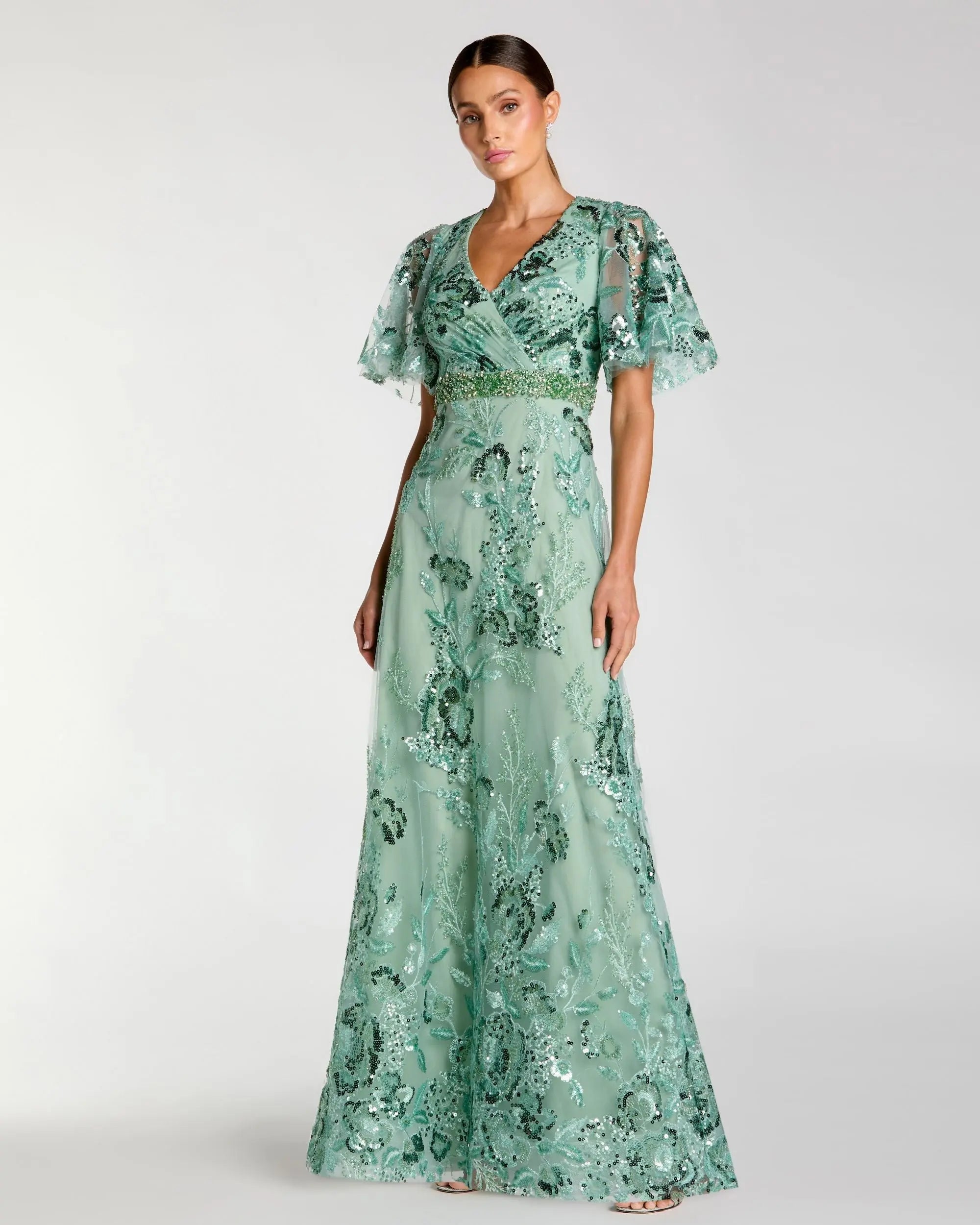 Green Floral Embellished Short Sleeve Gown