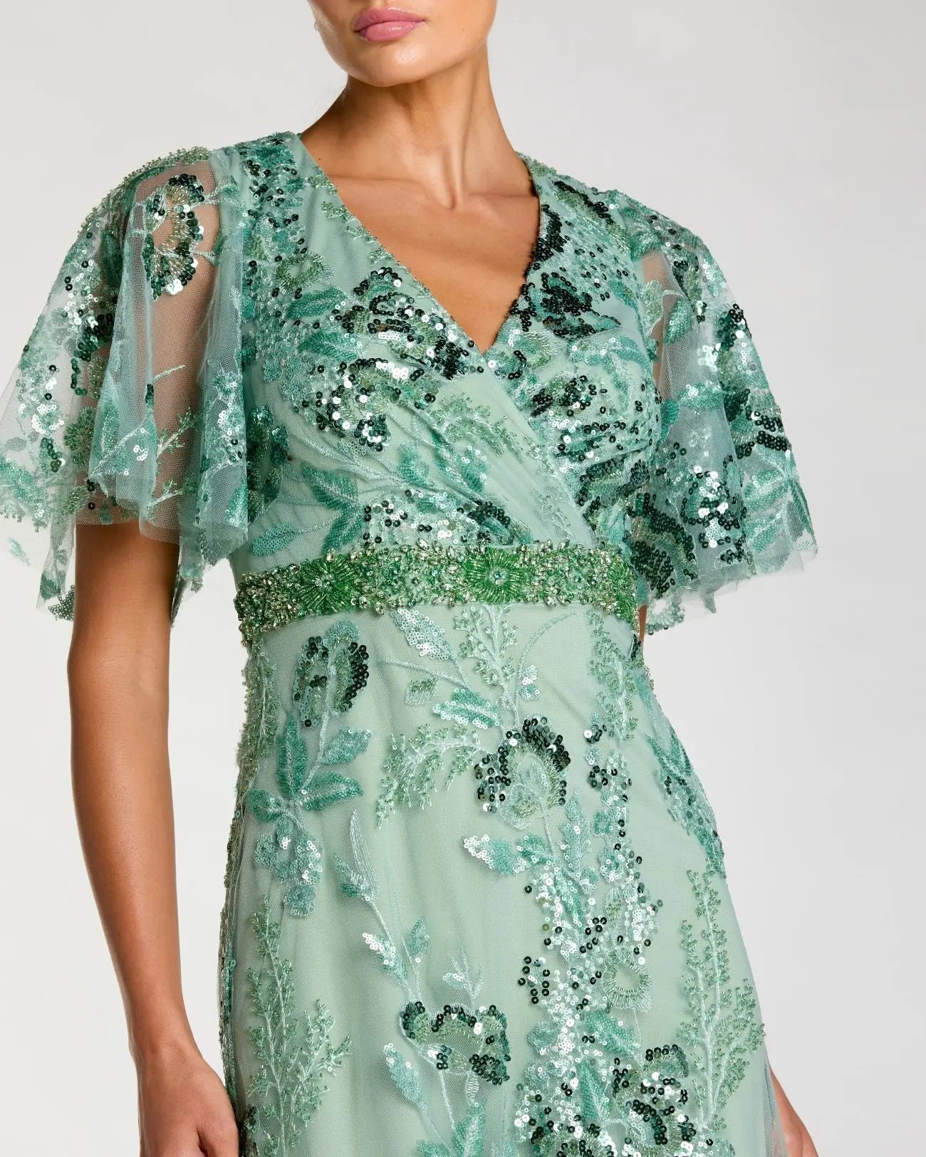 Green Floral Embellished Short Sleeve Gown