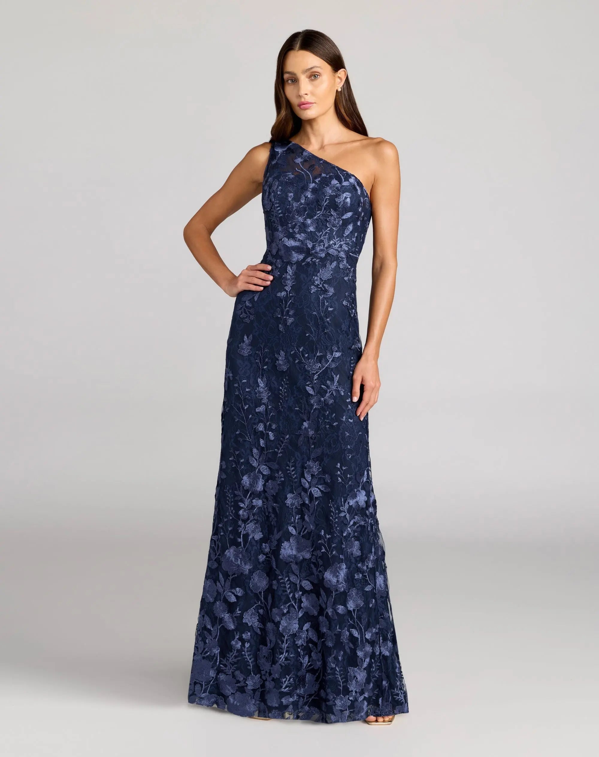Navy One Shoulder Floral Embroidered Gown