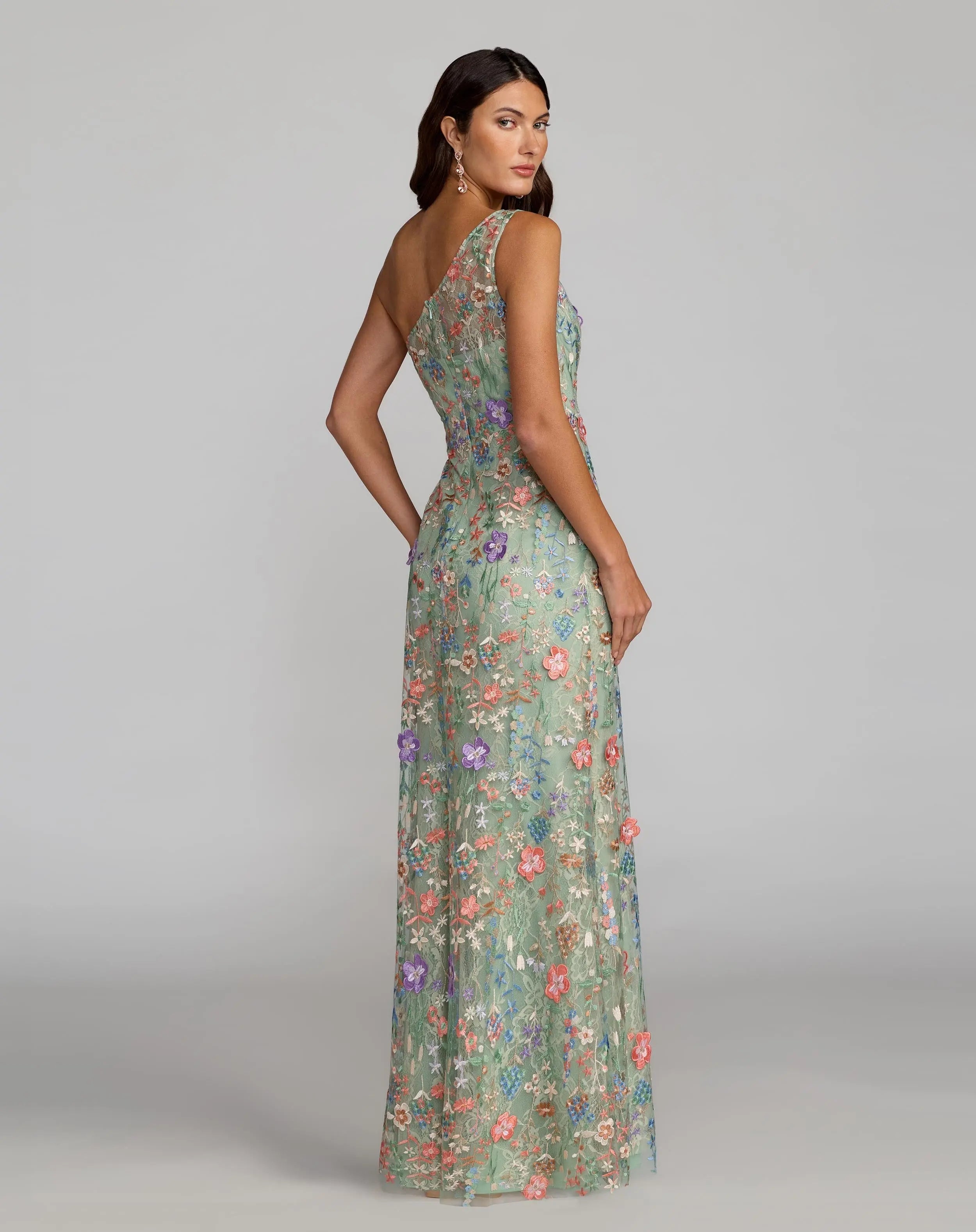 Green One Shoulder Floral Embroidered Gown