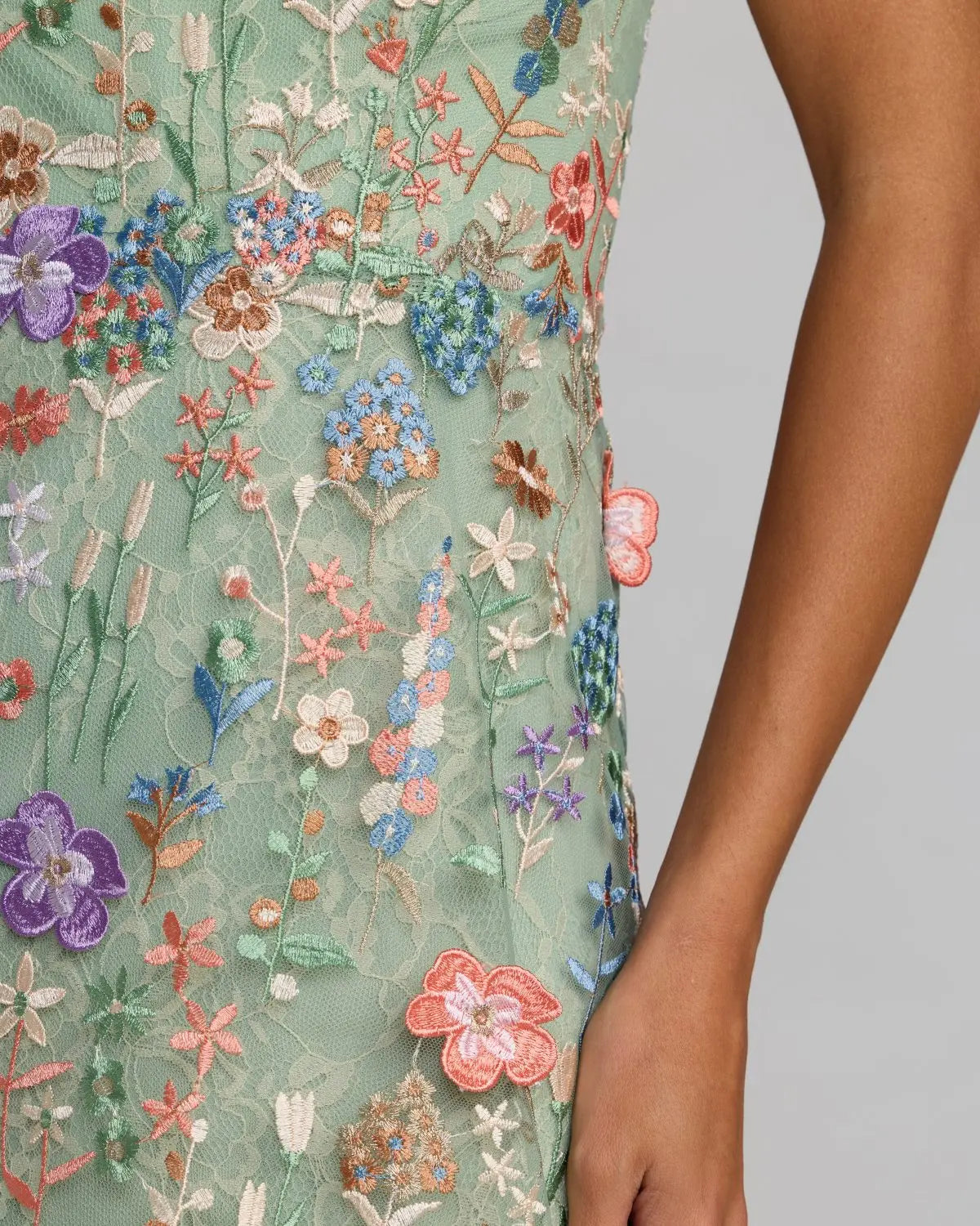 Green One Shoulder Floral Embroidered Gown