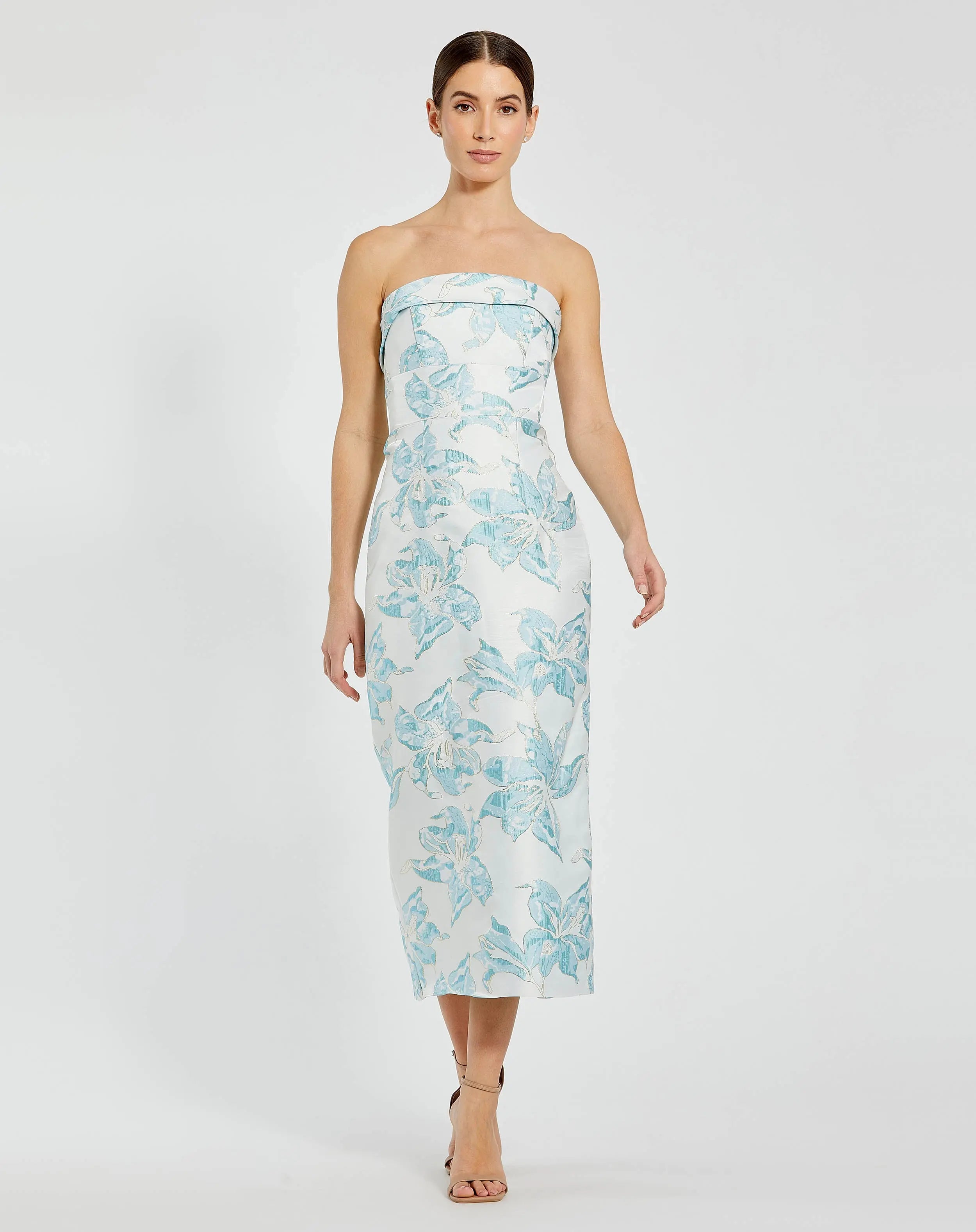 Blue and White Strapless Brocade Sheath Midi Dress