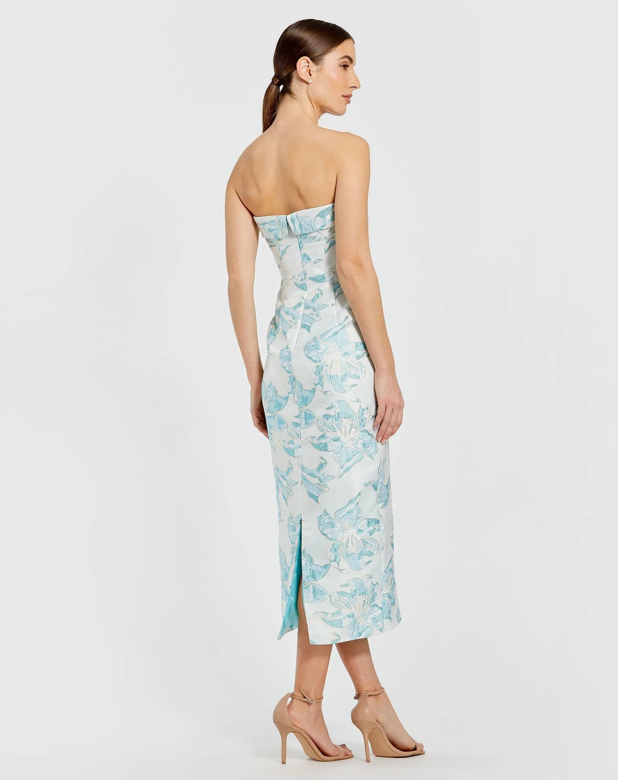 Blue and White Strapless Brocade Sheath Midi Dress