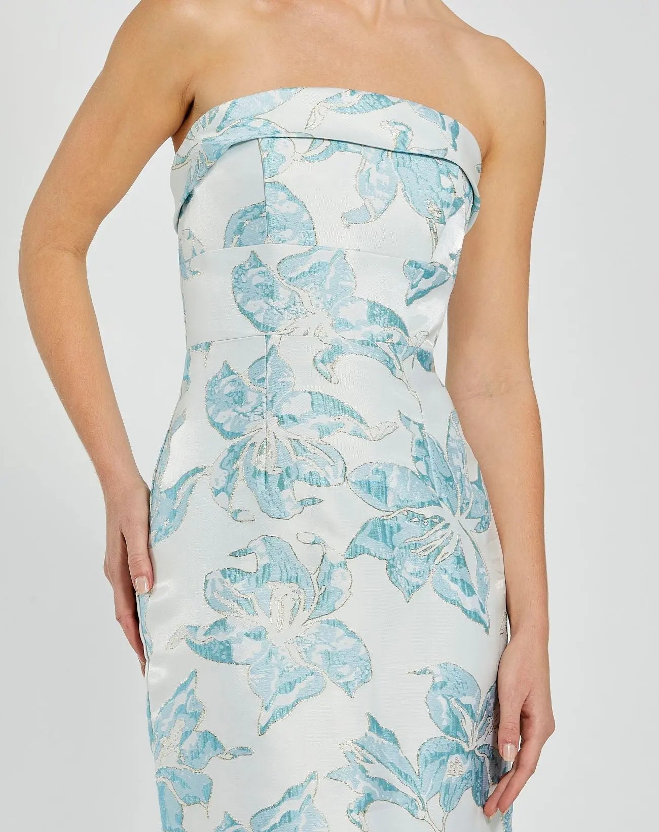 Blue and White Strapless Brocade Sheath Midi Dress