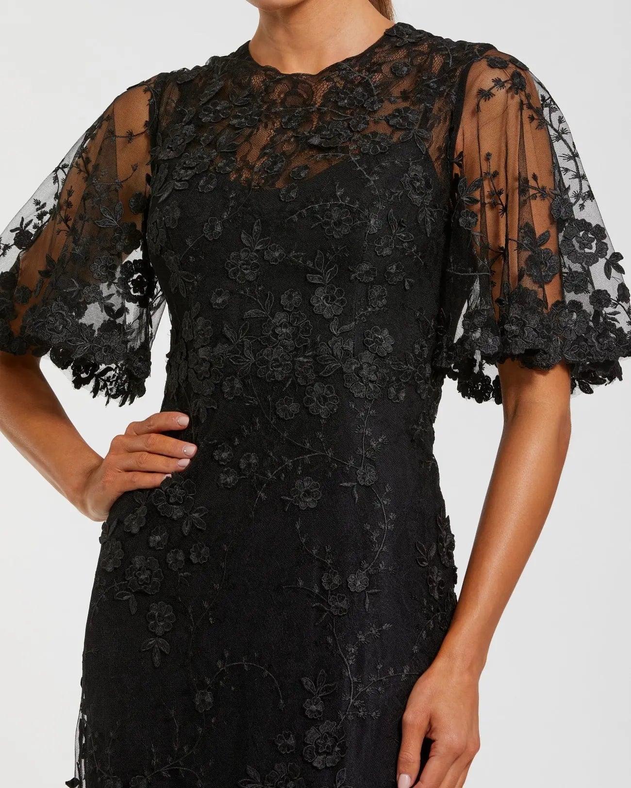 Black Flutter Sleeve Floral Embroidered Net Gown