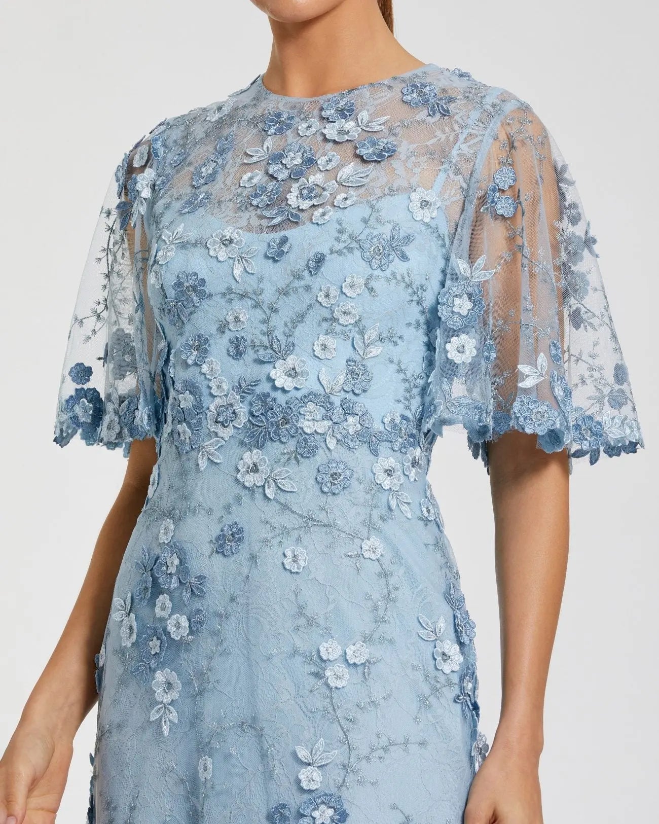 Blue Flutter Sleeve Floral Embroidered Net Gown