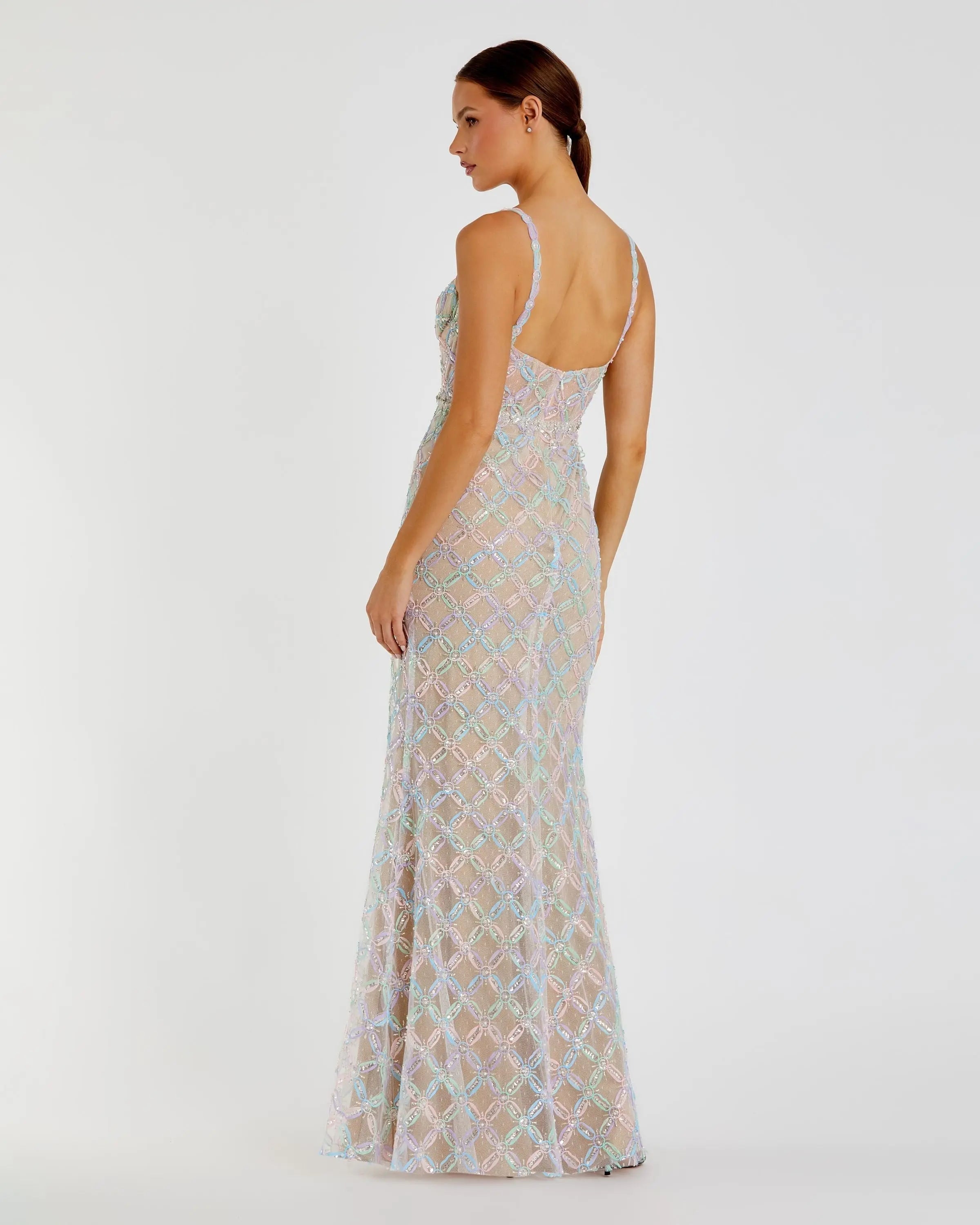 Beige Multicolor Pearl Embellished Bustier Column Gown