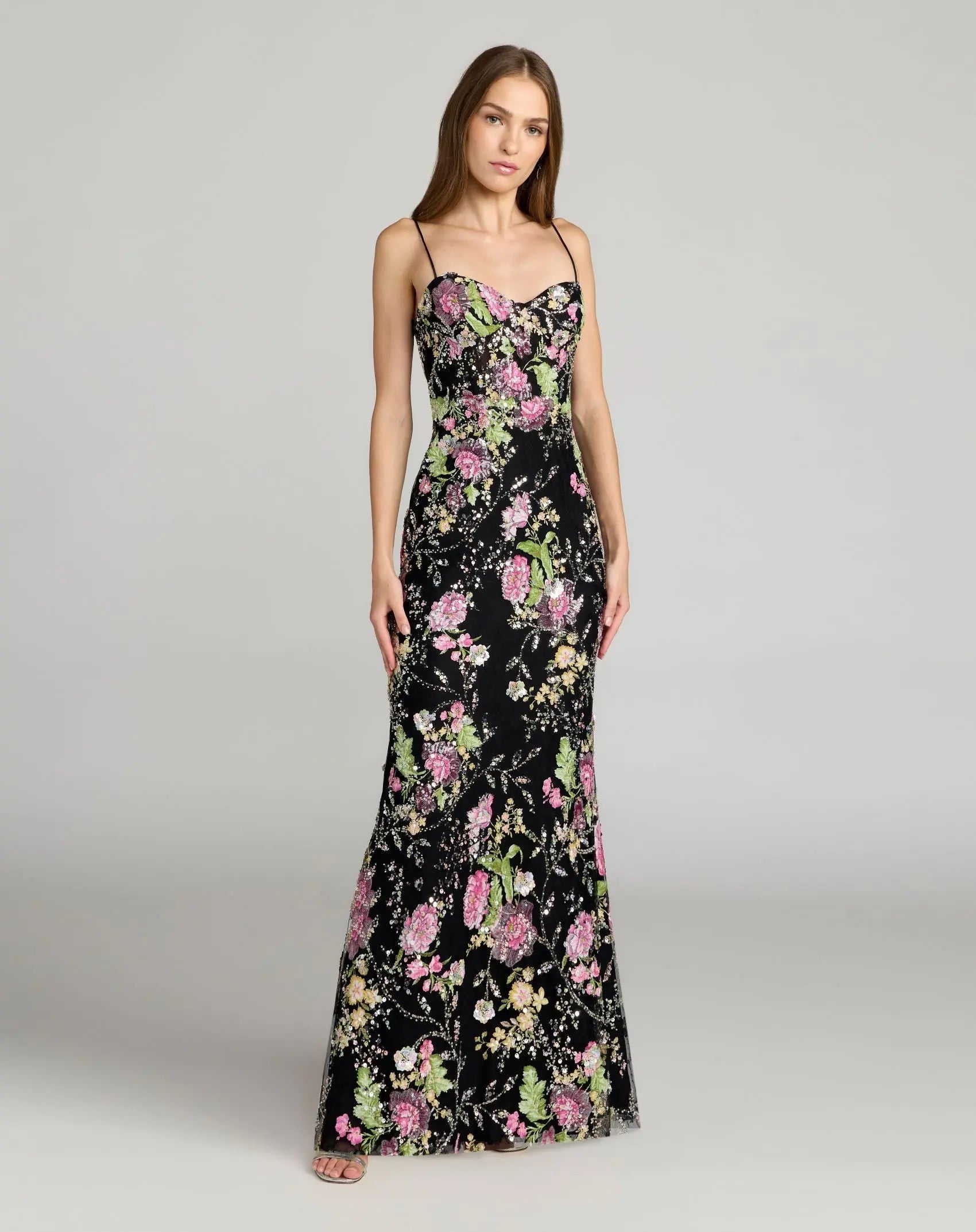 Black Embellished Bustier Floral Trumpet Gown