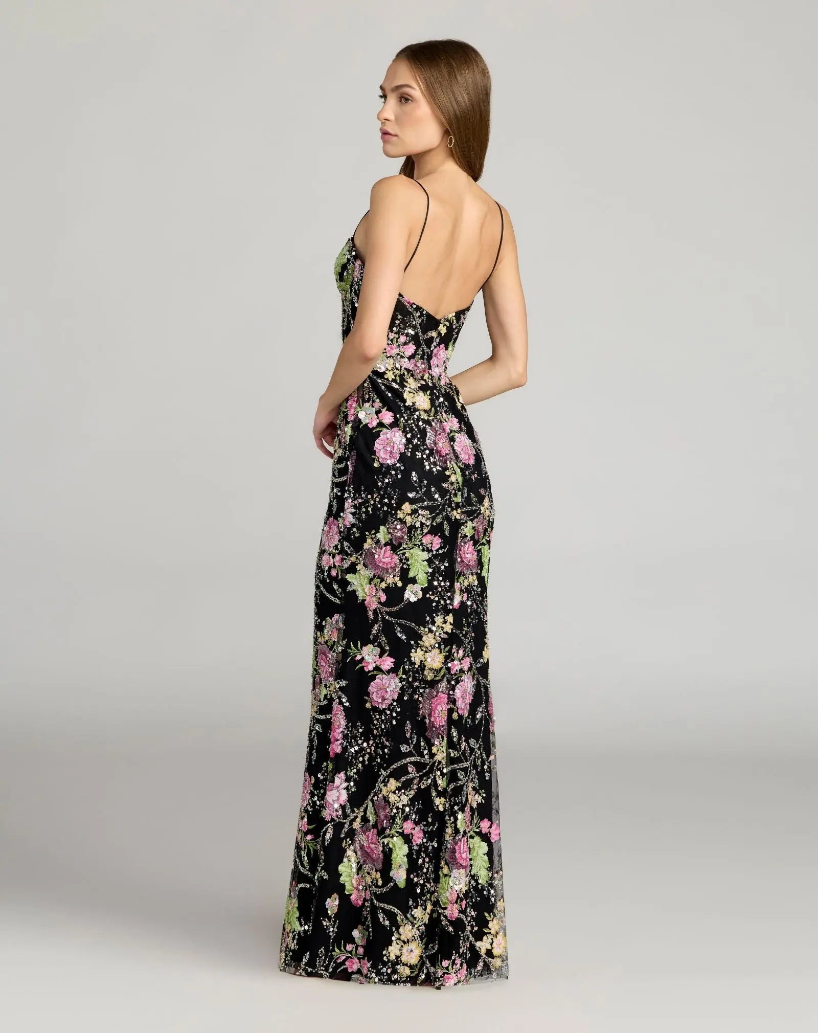 Black Embellished Bustier Floral Trumpet Gown