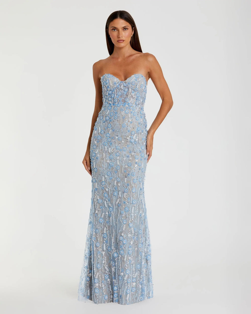 Blue Embellished Lace Strapless Bustier Gown