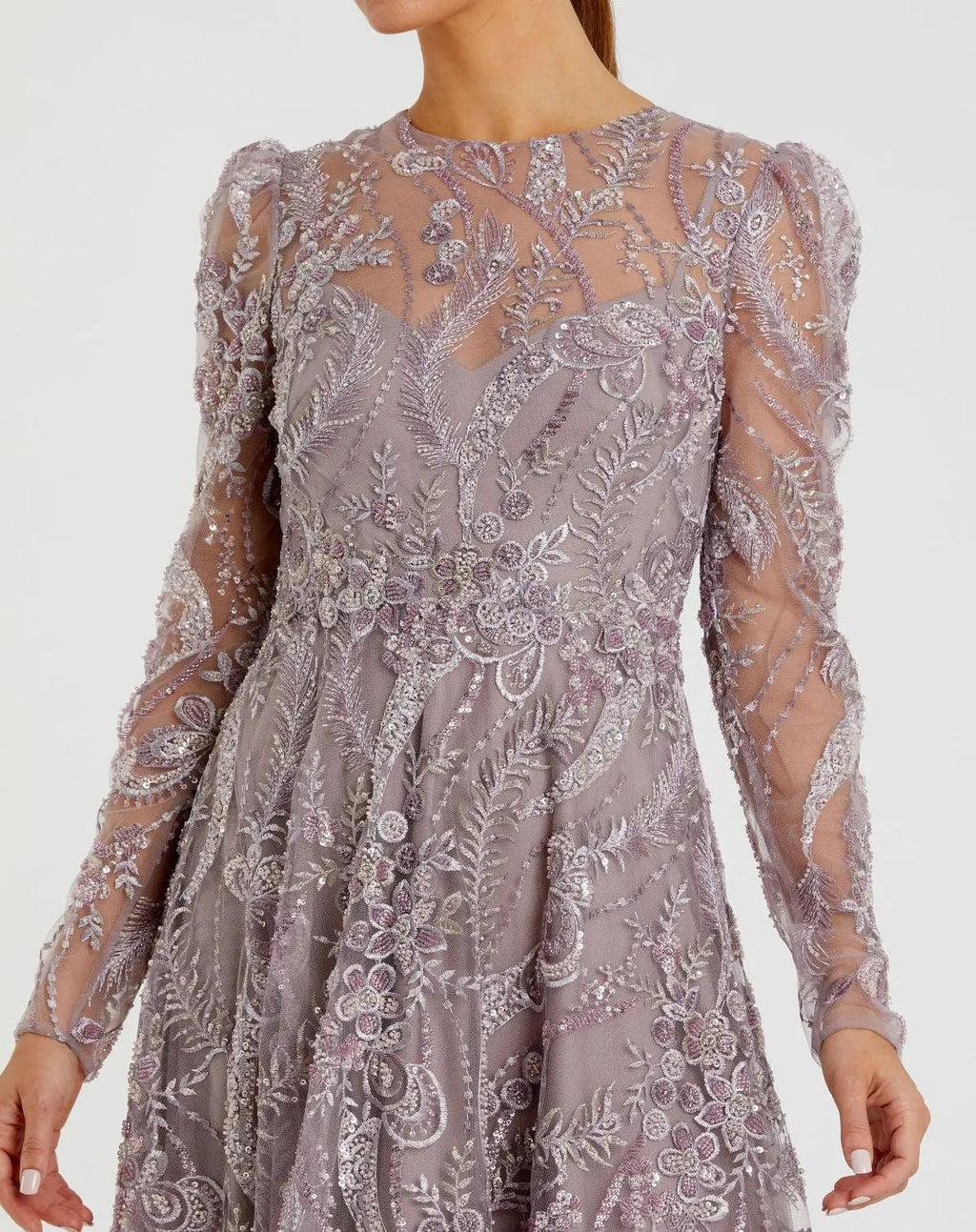 Purple Floral Embroidered High Neck Long Sleeve Dress