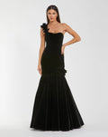 Black Velvet One Shoulder Trumpet Gown With Flowers