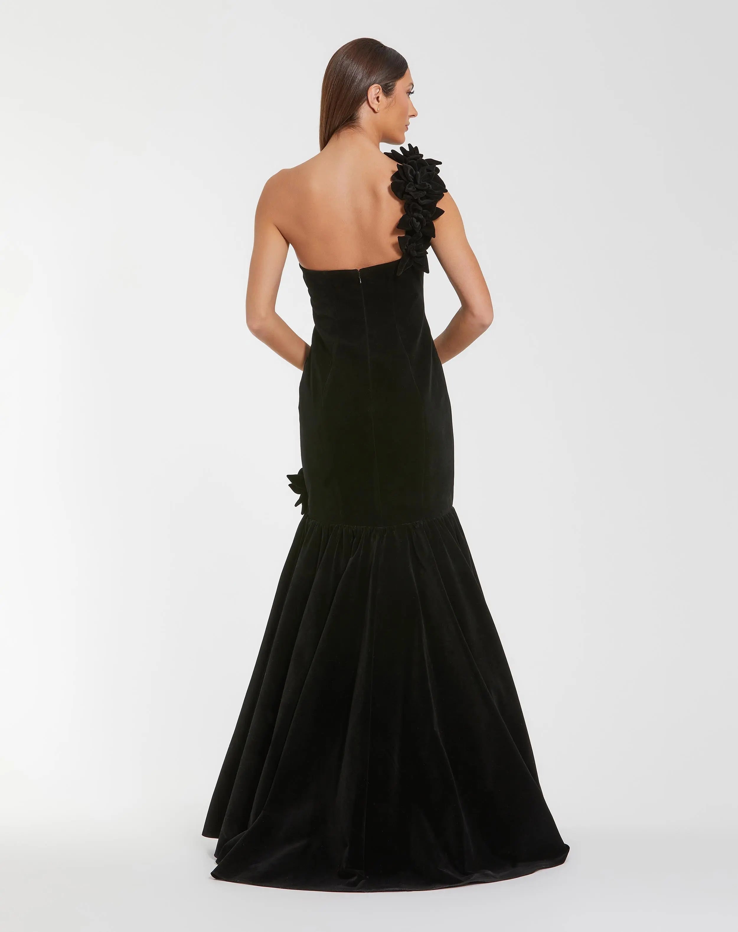 Black Velvet One Shoulder Trumpet Gown With Flowers