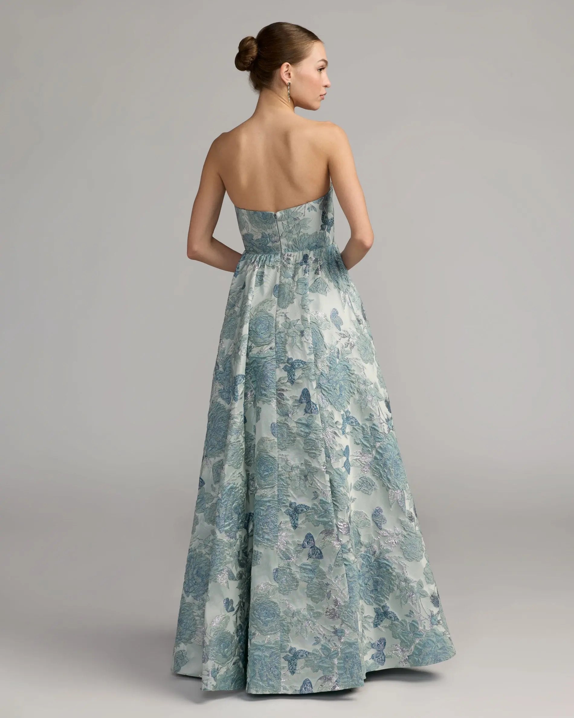 Blue Strapless Floral Brocade Ball Gown