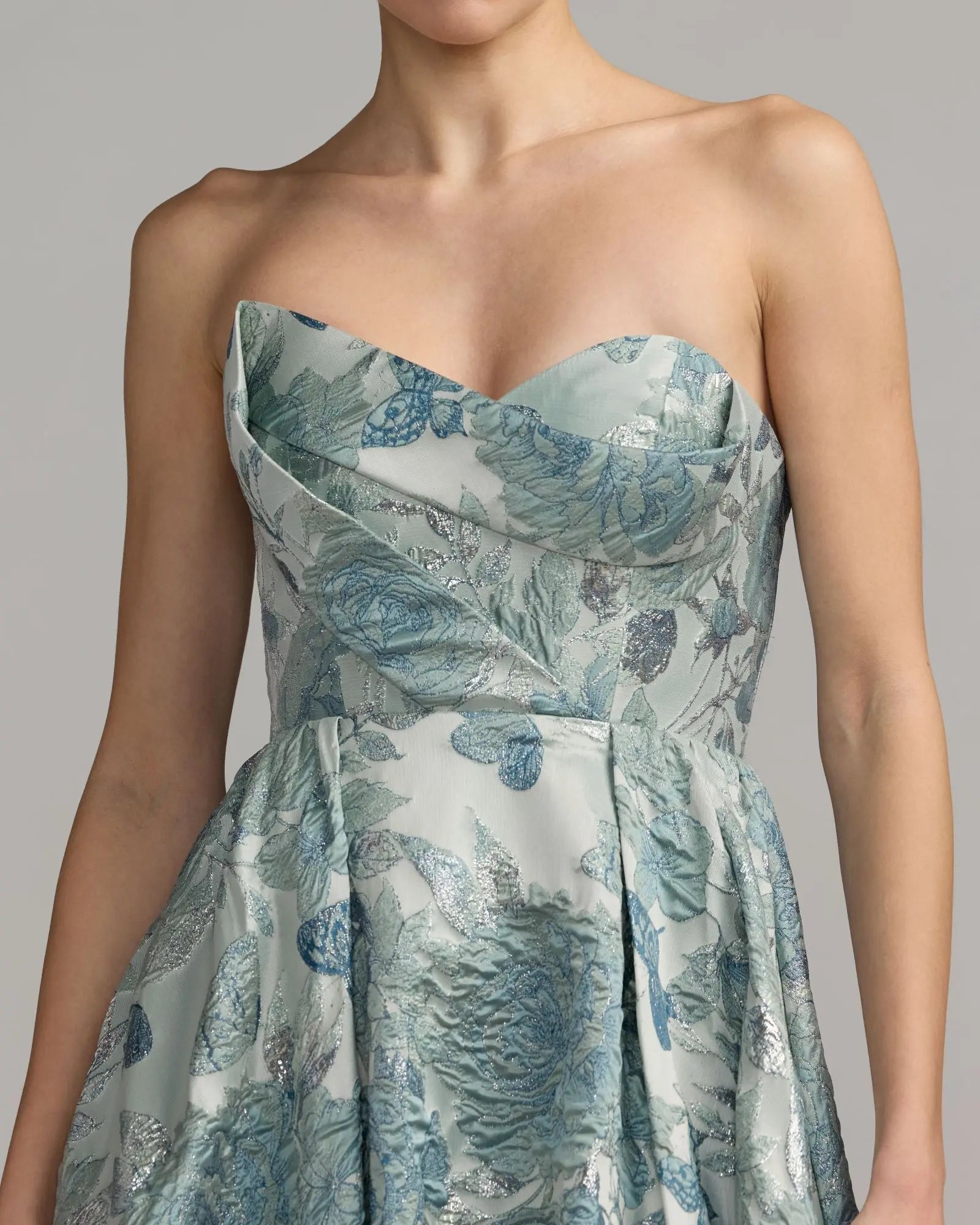 Blue Strapless Floral Brocade Ball Gown