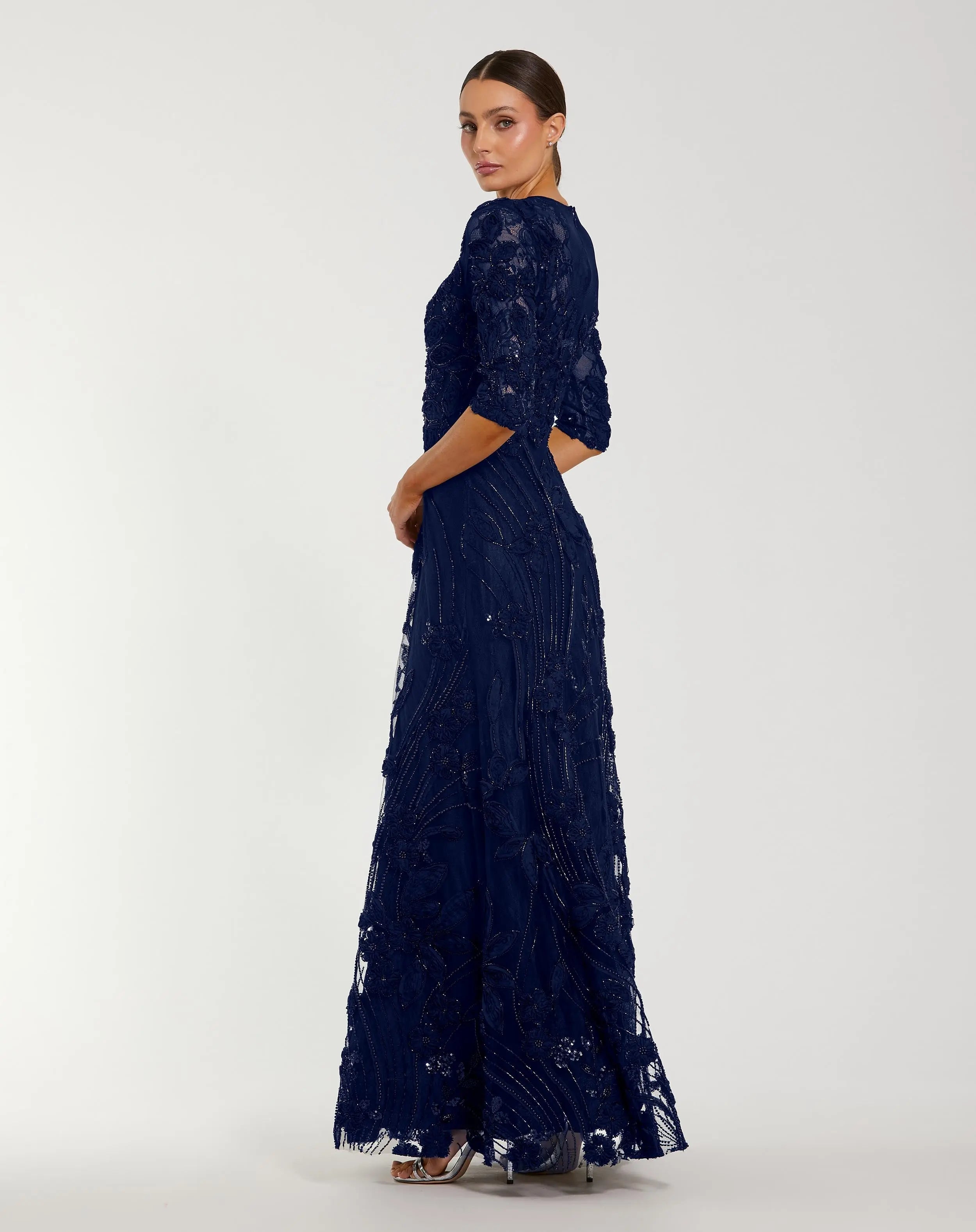 Navy High Neck Embellished Lace Gown with 3/4 Sleeves