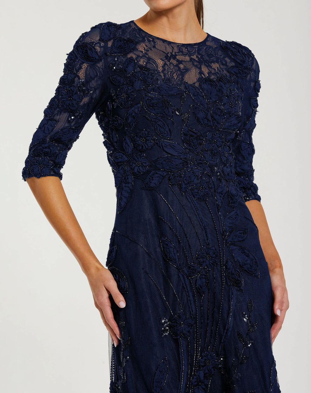 Navy High Neck Embellished Lace Gown with 3/4 Sleeves