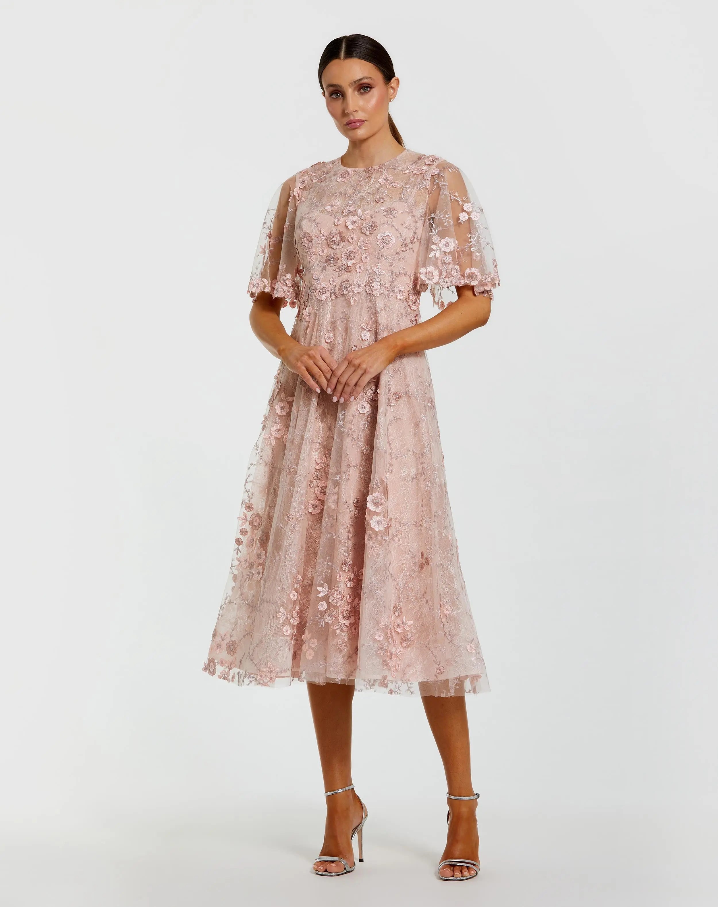 Pink Flutter Sleeve Embroidered Midi Dress