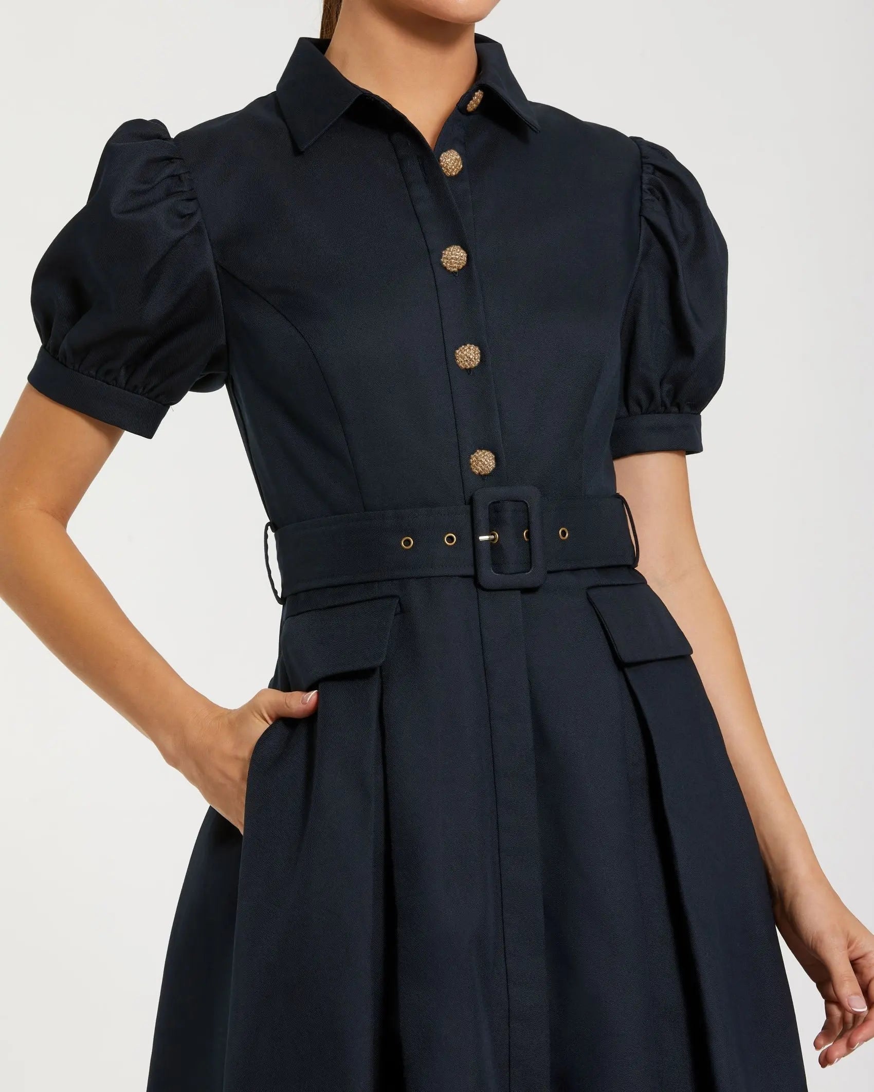 Navy Puff Sleeve Belted Midi Shirt Dress