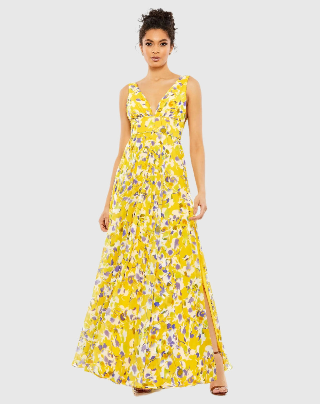 Yellow Floral Plunge V-Neck Gown