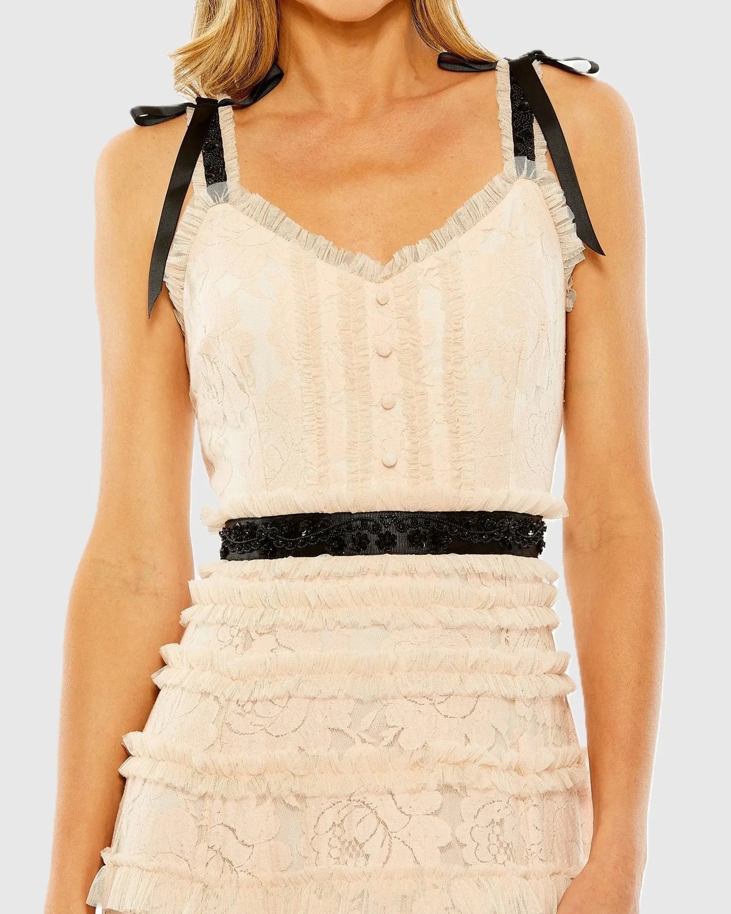 Pink Lace Tiered Midi Dress with Bow Straps