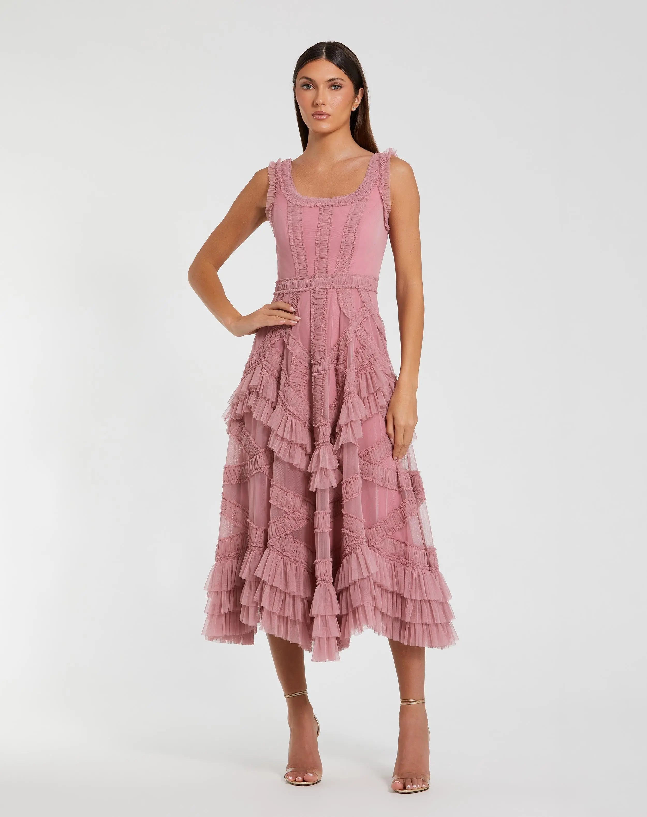 Pink Scoop Neck Sleeveless Micro Ruffle Midi Dress