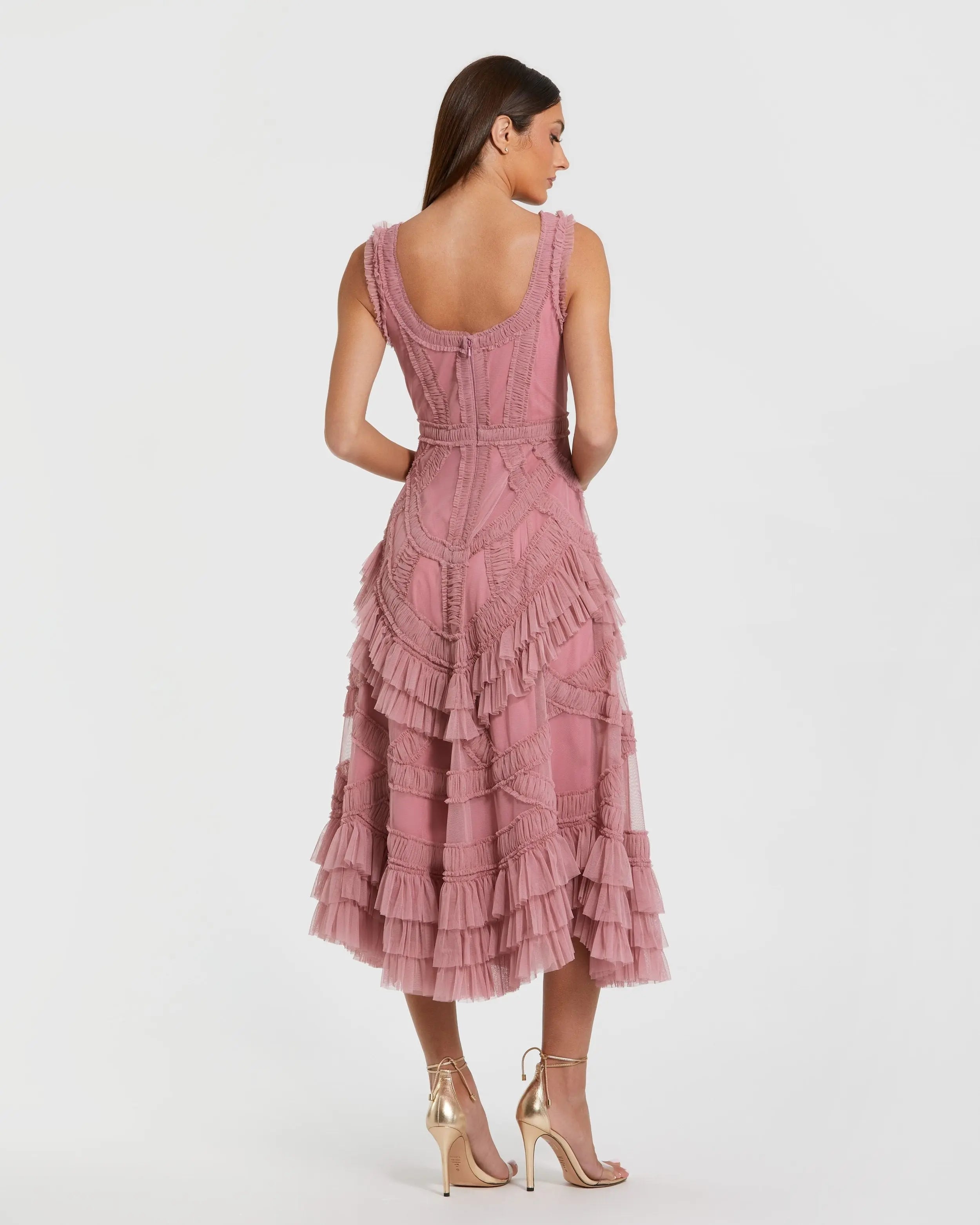 Pink Scoop Neck Sleeveless Micro Ruffle Midi Dress