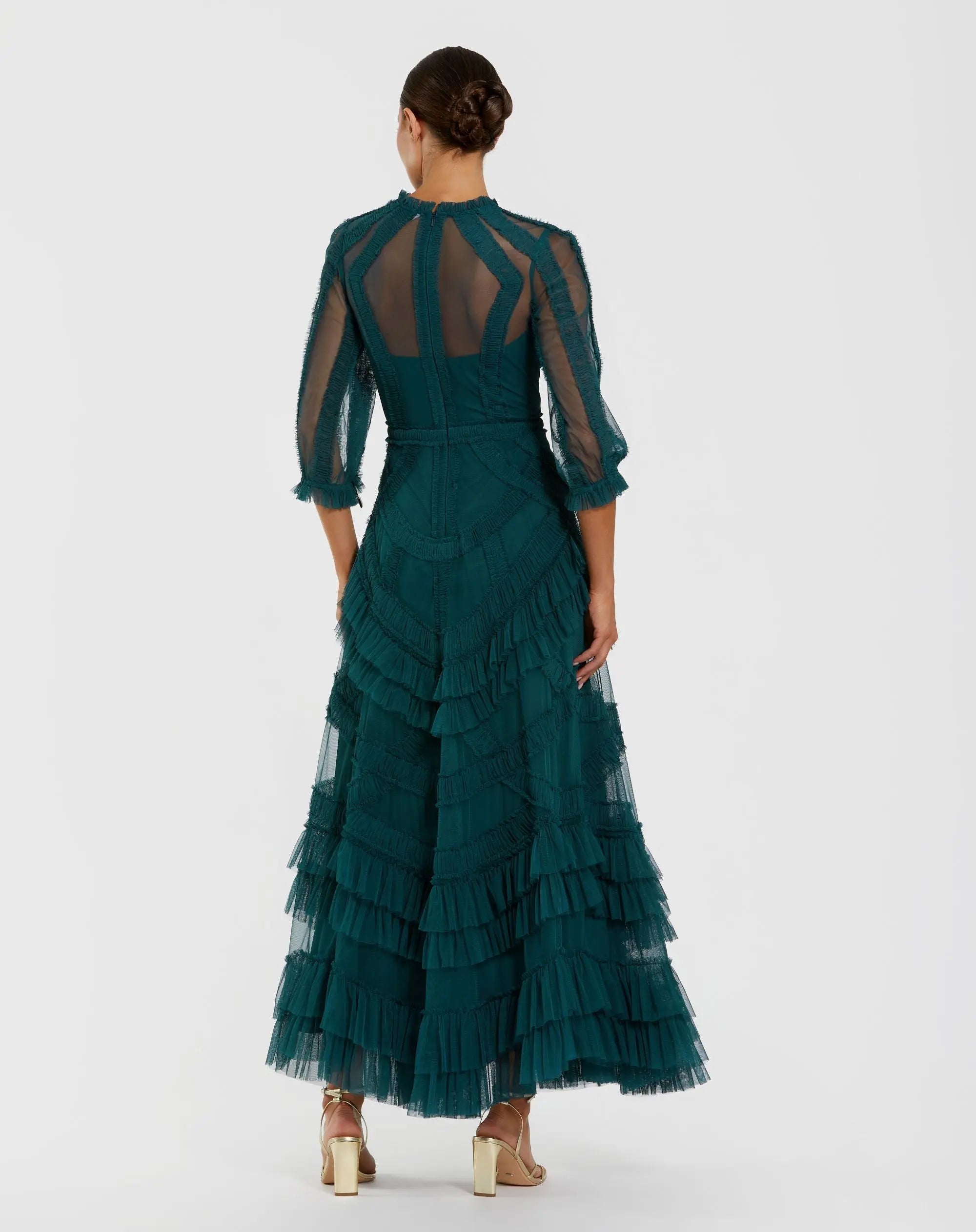 Teal High Neck Micro Ruffle Dress with 3/4 Puff Sleeves