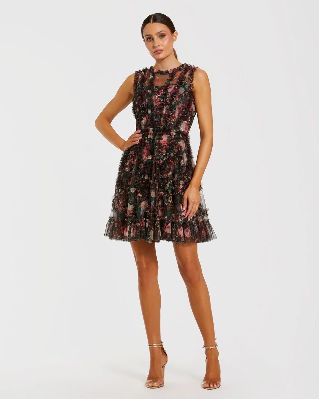 Black Multicolor Micro Ruffle Floral A-Line Mini Dress