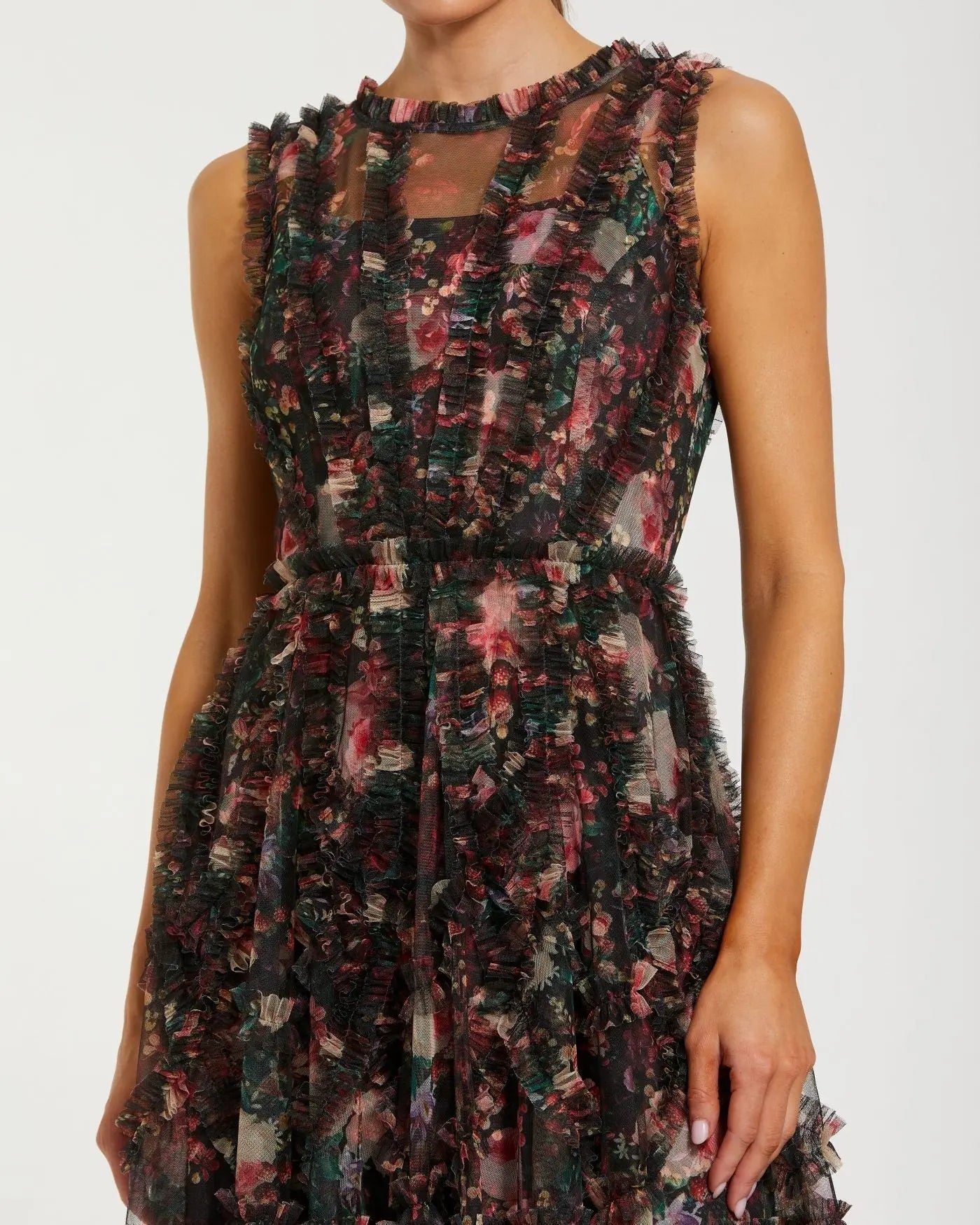 Black Multicolor Micro Ruffle Floral A-Line Mini Dress