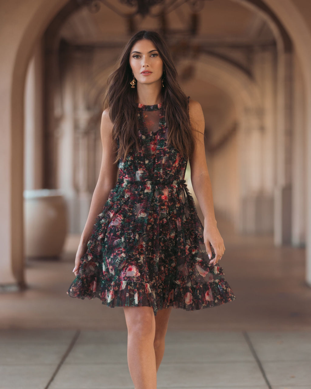 Black Multicolor Micro Ruffle Floral A-Line Mini Dress