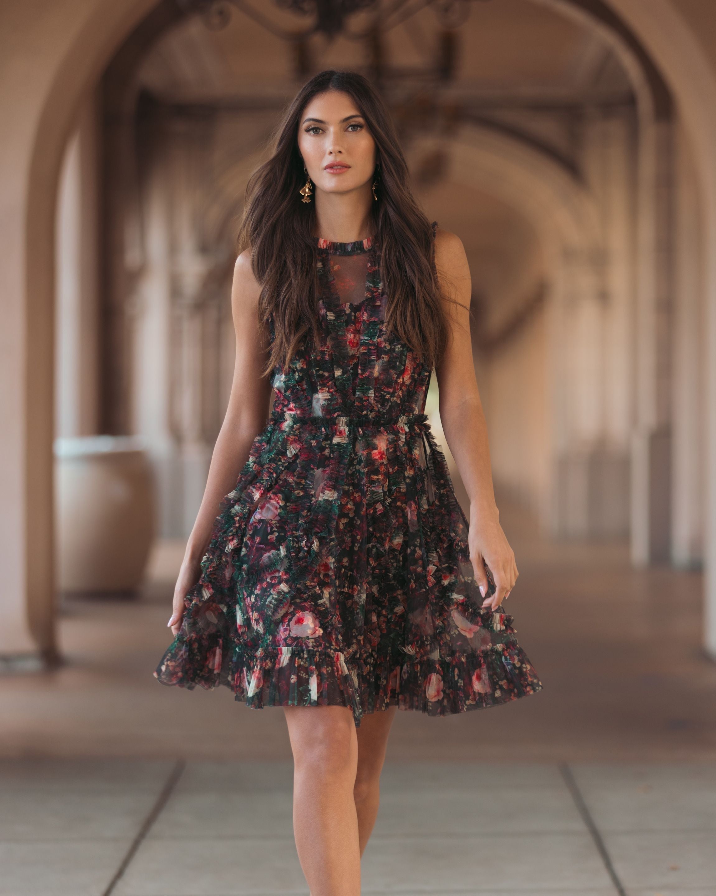 Black Multicolor Micro Ruffle Floral A-Line Mini Dress