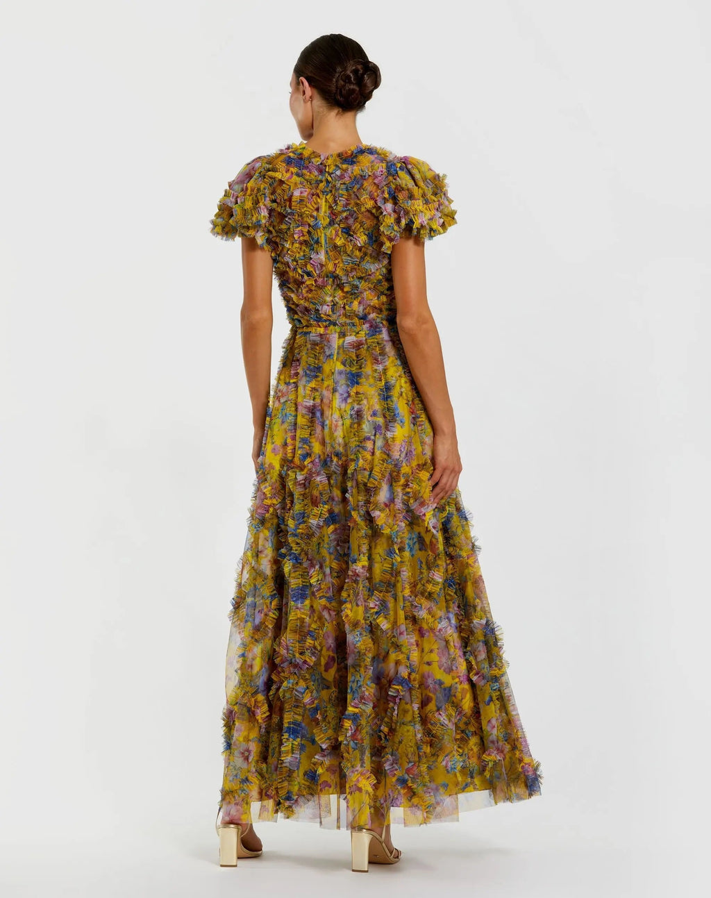 Yellow Micro Ruffle Floral Maxi Dress