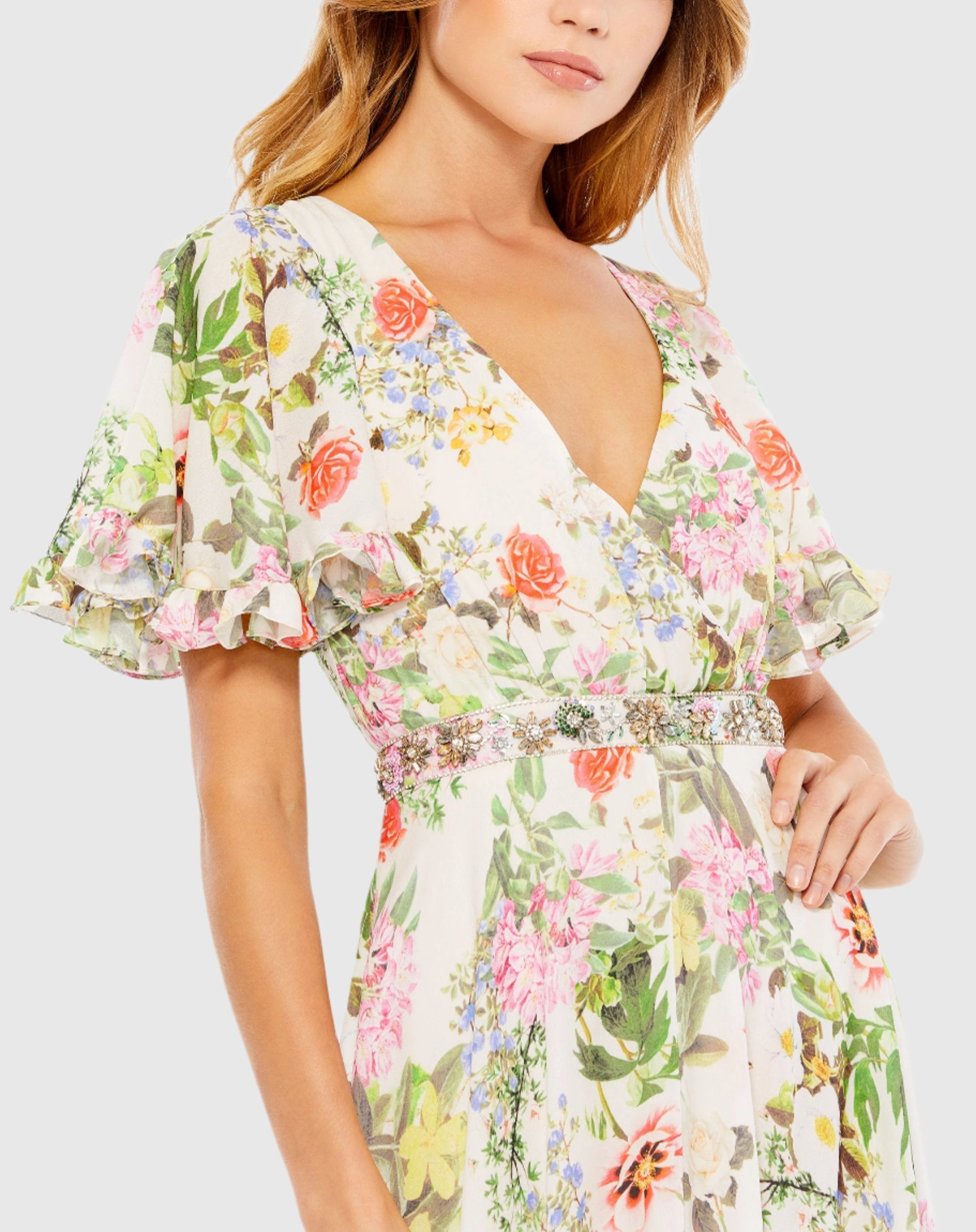 White Floral Print Faux Wrap Flutter Sleeve A Line Dress
