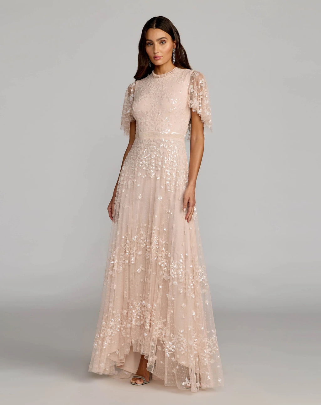 Pink Sequined High Neck Flutter Sleeve A Line Gown