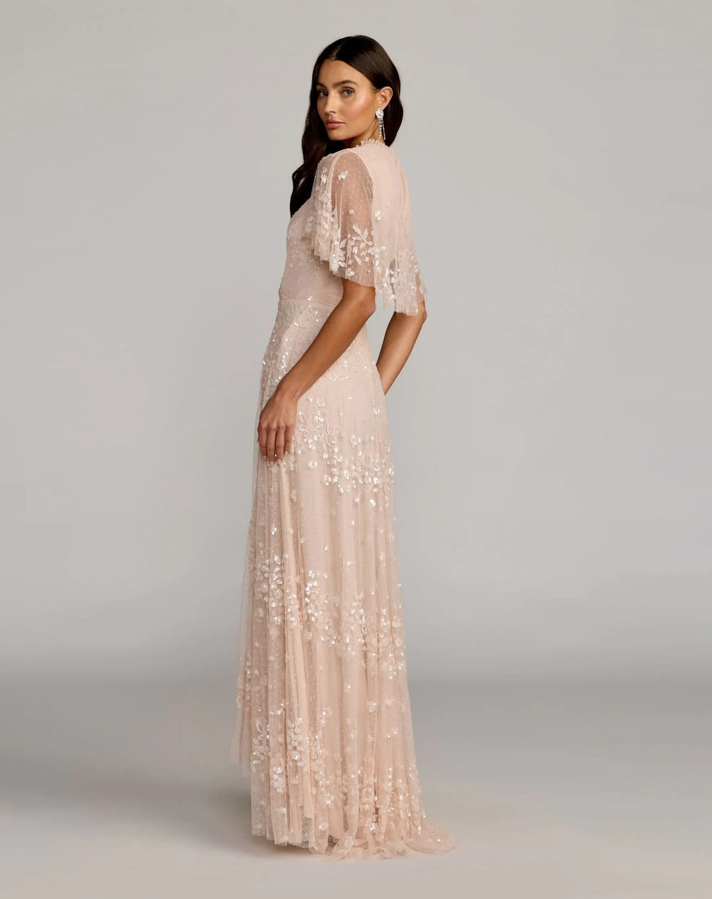 Pink Sequined High Neck Flutter Sleeve A Line Gown