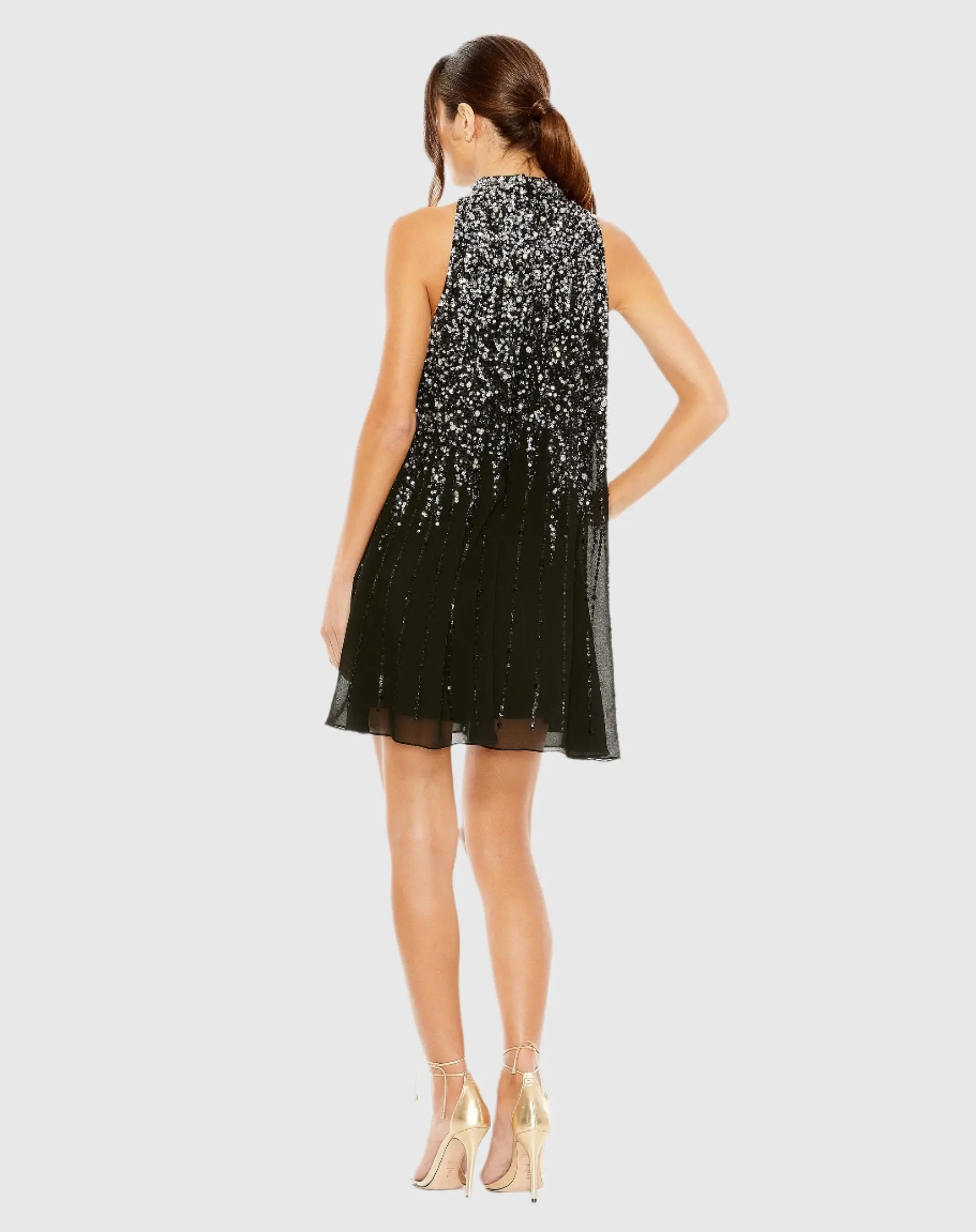 Black High Neck Sleeveless Sequin Embellished Trapeze Dress