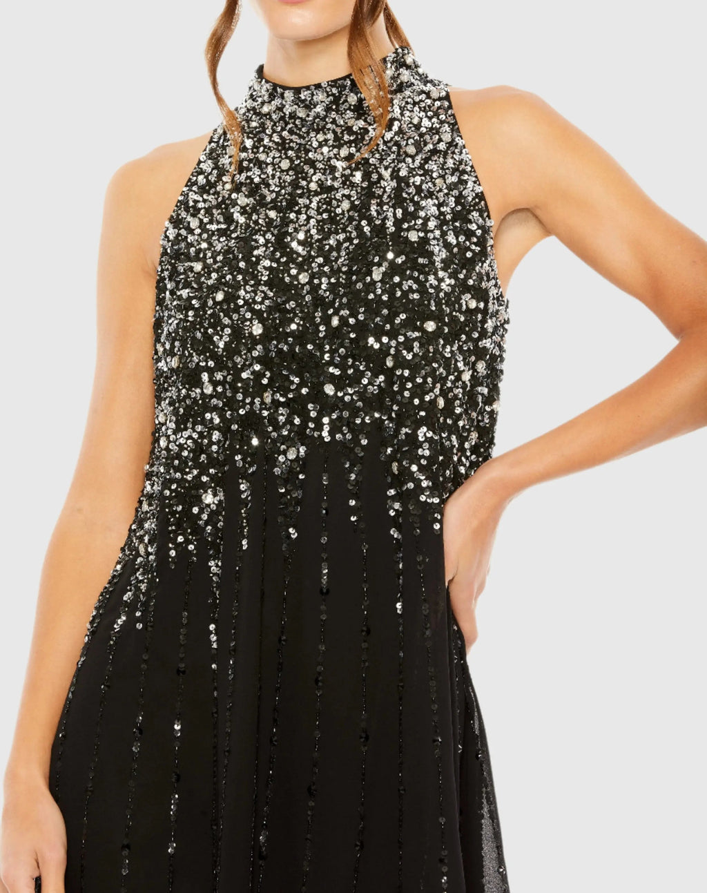 Black High Neck Sleeveless Sequin Embellished Trapeze Dress