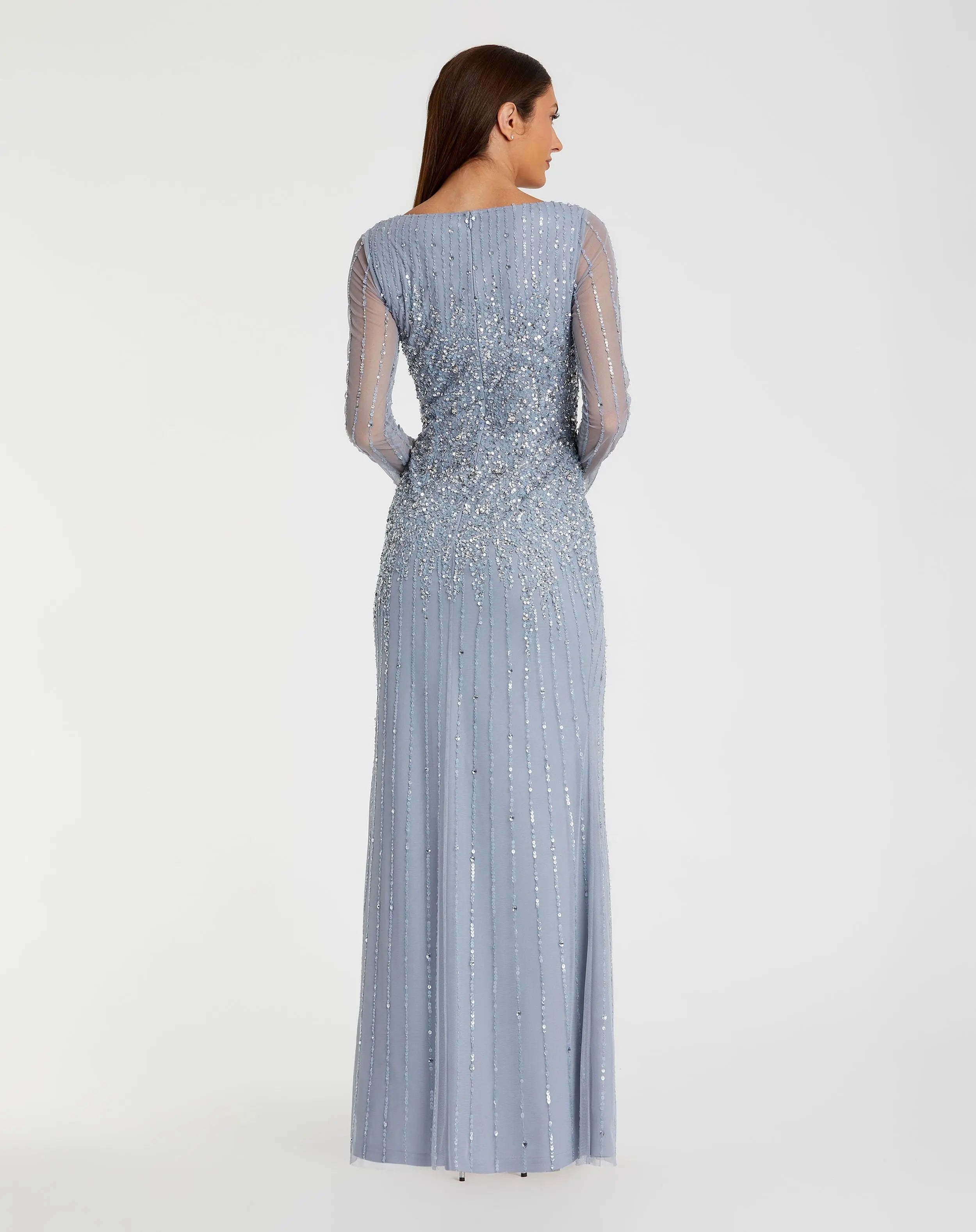 Blue Boat Neck Sequin Embellished Long Sleeve A Line Gown