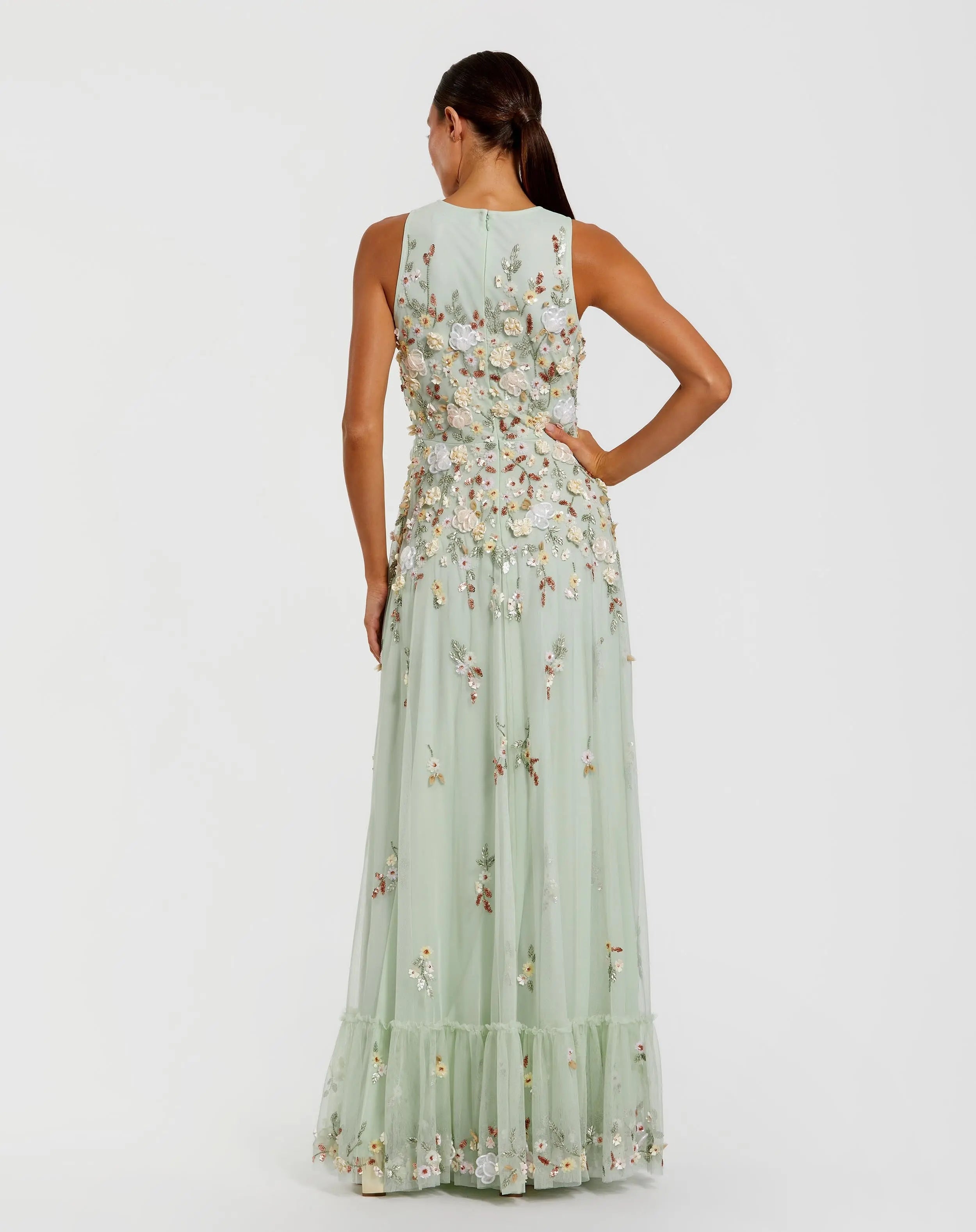 Green Floral Embellished High Neck Sleeveless Gown