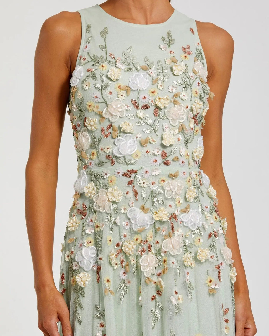 Green Floral Embellished High Neck Sleeveless Gown