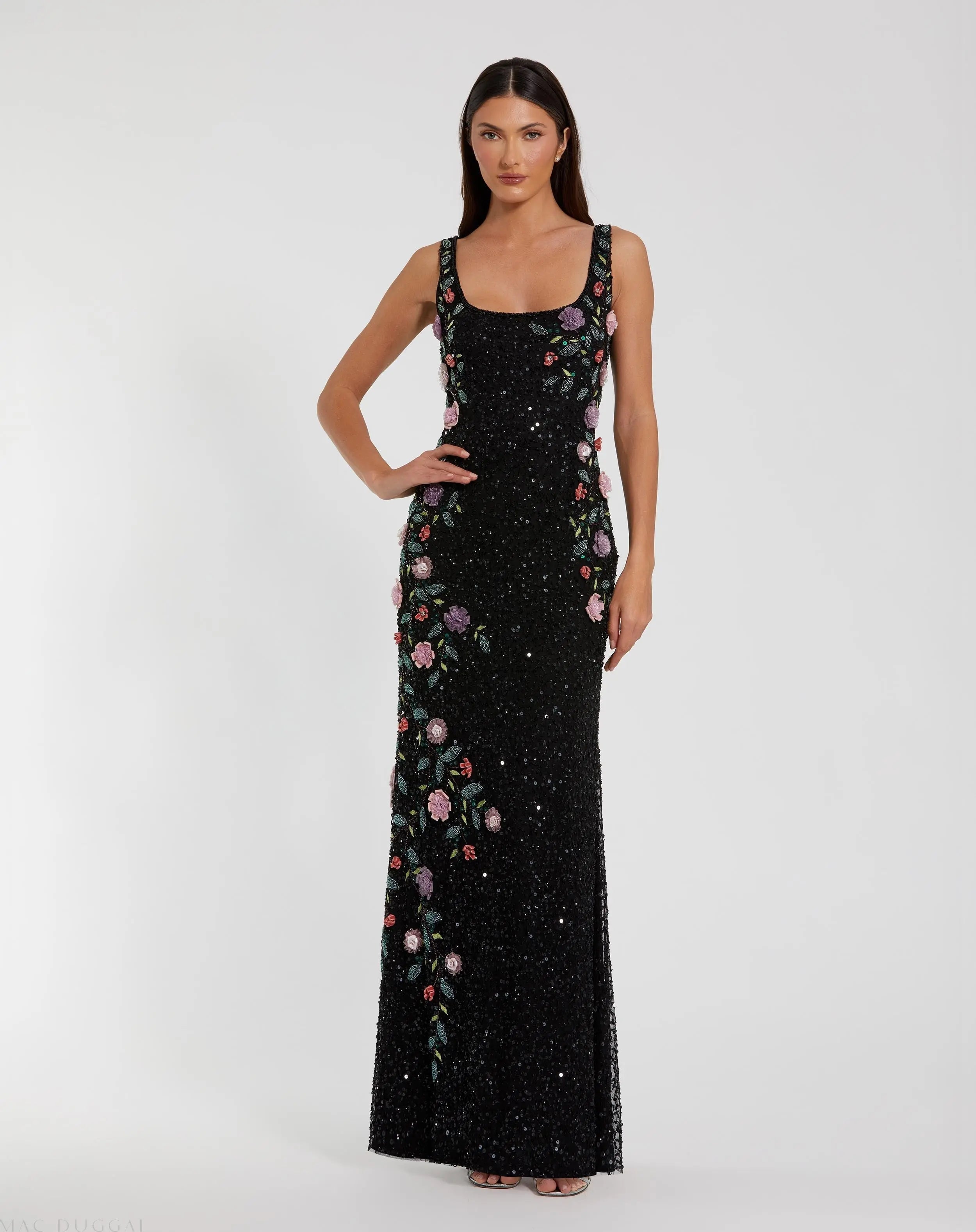 Black Floral Beaded Mesh Scoop Neck Sleeveless Gown