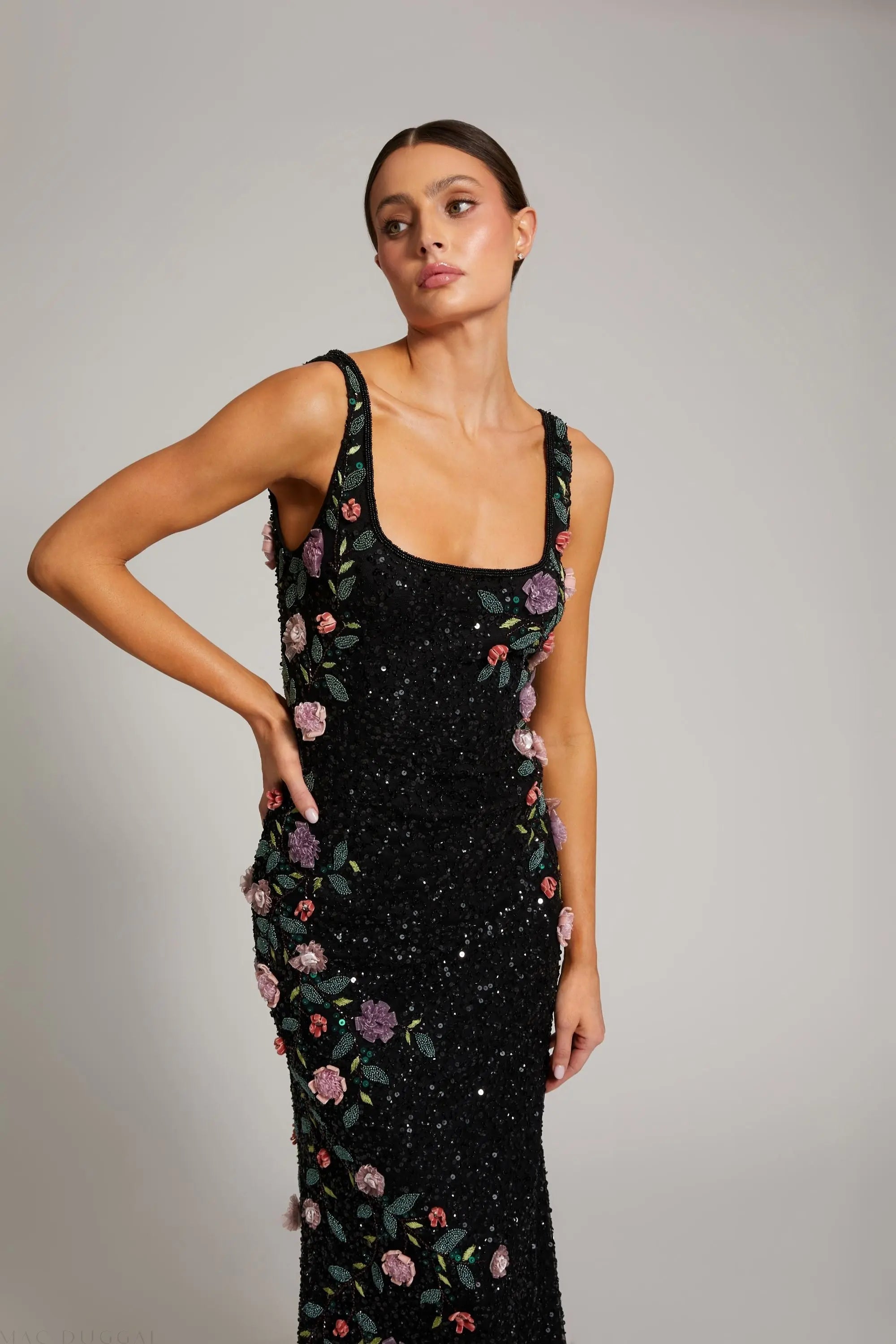 Black Floral Beaded Mesh Scoop Neck Sleeveless Gown